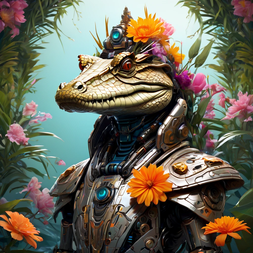 Symmetry, aesthetic, extremely detailed, symmetrical, Symmetry!! portrait of a robot crocodile, floral! horizon zero dawn machine, intricate, elegant, highly detailed, digital painting, artstation, concept art, smooth, sharp focus, illustration, art by artgerm and greg rutkowski and alphonse mucha, 8 k