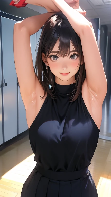 (realistic:1.4), (masterpiece, side light, fine and beautiful eyes: 1.2), masterpiece*portrait, realistic, 3d face, shining eyes, shiny hair, Glossy skin, alone, embarrassing, (pit of the stomach), High resolution8k, armpitのポーズ, armpit, armpit, armpitを照らす光, masterpiece, best image quality, High resolution, armpitのしわ:1.5, ぬるぬるしたarmpit, alone,  black leotard, high ponytail hairstyle, locker room, dress room, No bra, upper body only, armpit Light, laughter, slight smile, brown eyes, armpitの細かいシワ, リアルなarmpit, 濡れたarmpit, 艶やかなarmpit, 油を塗ったピカピカのarmpit, stand straight towards us, raise both hands, puberty, sweaty face, red lipstick, Athletics Stadium locker room, looking at armpit, I can see your belly button, (Natural skin texture Vibrant details, 超realistic)