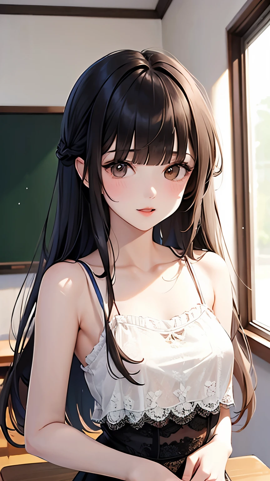 best quality, highres,Slender、brown eyes、tall、(bangs bangs:1.5)、long hair,straight hair、classroom、19 years old、(Thin white lace camisole:1.5)、black skirt、black hair 、8 life size
