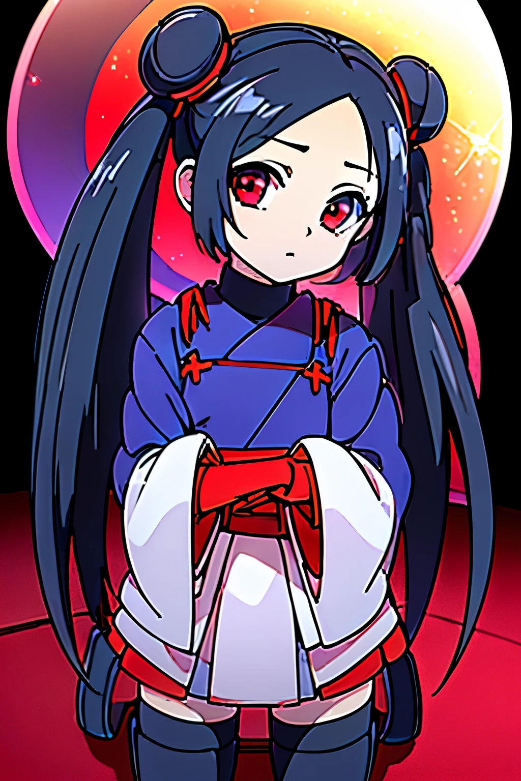 Anime, Girl, (((1girl))), (((Waifu, li meiling, li meiling Waifu))), (((Black Hair, twin bun hair style with pigtails)), ((Crimson Red Eyes eyes: 1.3, Upturned Eyes: 1, Perfect Eyes, Beautiful Detailed Eyes, Gradient eyes: 1, Finely Detailed Beautiful Eyes: 1, Symmetrical Eyes: 1, Big Highlight On Eyes: 1.2)), (((Lustrous Skin: 1.5, Bright Skin: 1.5, Skin Fair, Shiny Skin, Very Shiny Skin, Shiny Body, Plastic Glitter Skin, Exaggerated Shiny Skin, Illuminated Skin))), (Detailed Body, (Detailed Face)), Young, ****ta, (Best Quality), (((Bicep-high Gauntlets, Armored Boots, Thigh-high Heeled Boots, Armored Gauntlets))), (((Battle Kimono))), (((Skirt))), High Resolution, Sharp Focus, Ultra Detailed, Extremely Detailed, Extremely High Quality Artwork, (Realistic, Photorealistic: 1.37), 8k_Wallpaper, (Extremely Detailed CG 8k), (Very Fine 8K CG), ((Hyper Super Ultra Detailed Perfect Piece)), (((Flawless masterpiece))), Illustration, Vibrant Colors, (Intricate), High Contrast, Selective Lighting, Double Exposure, HDR (High Dynamic Range), Post-processing, Background Blur