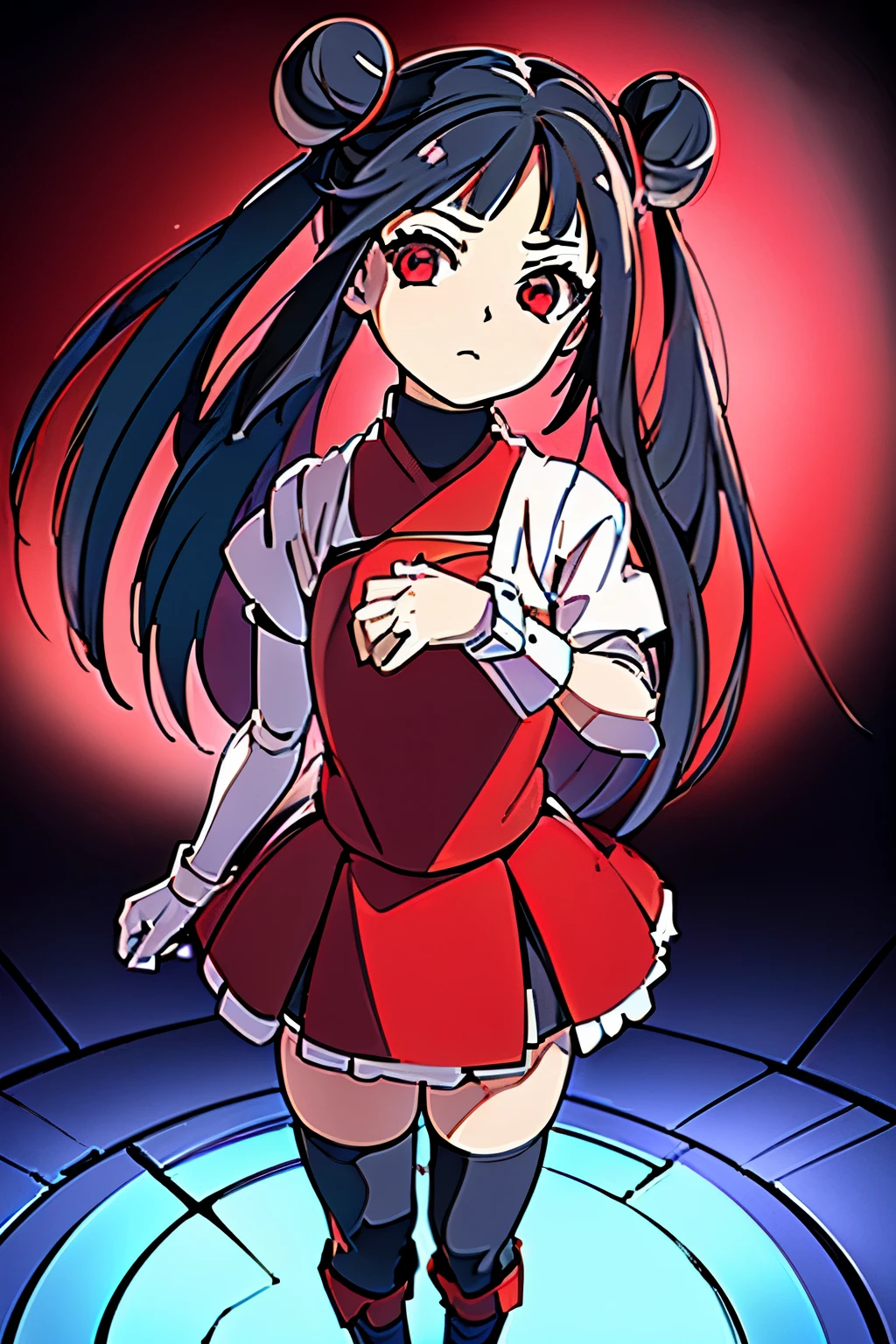 Anime, Girl, (((1girl))), (((Waifu, li meiling, li meiling Waifu))), (((Black Hair, twin bun hair style with pigtails)), ((Crimson Red Eyes eyes: 1.3, Upturned Eyes: 1, Perfect Eyes, Beautiful Detailed Eyes, Gradient eyes: 1, Finely Detailed Beautiful Eyes: 1, Symmetrical Eyes: 1, Big Highlight On Eyes: 1.2)), (((Lustrous Skin: 1.5, Bright Skin: 1.5, Skin Fair, Shiny Skin, Very Shiny Skin, Shiny Body, Plastic Glitter Skin, Exaggerated Shiny Skin, Illuminated Skin))), (Detailed Body, (Detailed Face)), Young, ****ta, (Best Quality), (((Bicep-high Gauntlets, Armored Boots, Thigh-high Heeled Boots, Armored Gauntlets))), (((Battle Kimono))), (((Skirt))), High Resolution, Sharp Focus, Ultra Detailed, Extremely Detailed, Extremely High Quality Artwork, (Realistic, Photorealistic: 1.37), 8k_Wallpaper, (Extremely Detailed CG 8k), (Very Fine 8K CG), ((Hyper Super Ultra Detailed Perfect Piece)), (((Flawless masterpiece))), Illustration, Vibrant Colors, (Intricate), High Contrast, Selective Lighting, Double Exposure, HDR (High Dynamic Range), Post-processing, Background Blur