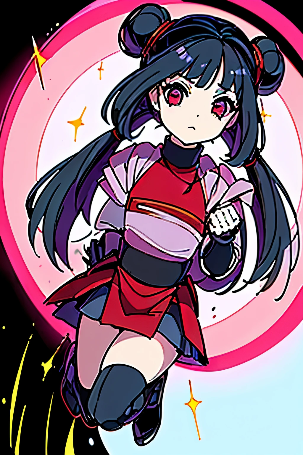 Anime, Girl, (((1girl))), (((Waifu, li meiling, li meiling Waifu))), (((Black Hair, twin bun hair style with pigtails)), ((Crimson Red Eyes eyes: 1.3, Upturned Eyes: 1, Perfect Eyes, Beautiful Detailed Eyes, Gradient eyes: 1, Finely Detailed Beautiful Eyes: 1, Symmetrical Eyes: 1, Big Highlight On Eyes: 1.2)), (((Lustrous Skin: 1.5, Bright Skin: 1.5, Skin Fair, Shiny Skin, Very Shiny Skin, Shiny Body, Plastic Glitter Skin, Exaggerated Shiny Skin, Illuminated Skin))), (Detailed Body, (Detailed Face)), Young, ta, (Best Quality), (((Bicep-high Gauntlets, Armored Boots, Thigh-high Heeled Boots, Armored Gauntlets))), (((Battle Kimono))), (((Skirt))), High Resolution, Sharp Focus, Ultra Detailed, Extremely Detailed, Extremely High Quality Artwork, (Realistic, Photorealistic: 1.37), 8k_Wallpaper, (Extremely Detailed CG 8k), (Very Fine 8K CG), ((Hyper Super Ultra Detailed Perfect Piece)), (((Flawless masterpiece))), Illustration, Vibrant Colors, (Intricate), High Contrast, Selective Lighting, Double Exposure, HDR (High Dynamic Range), Post-processing, Background Blur