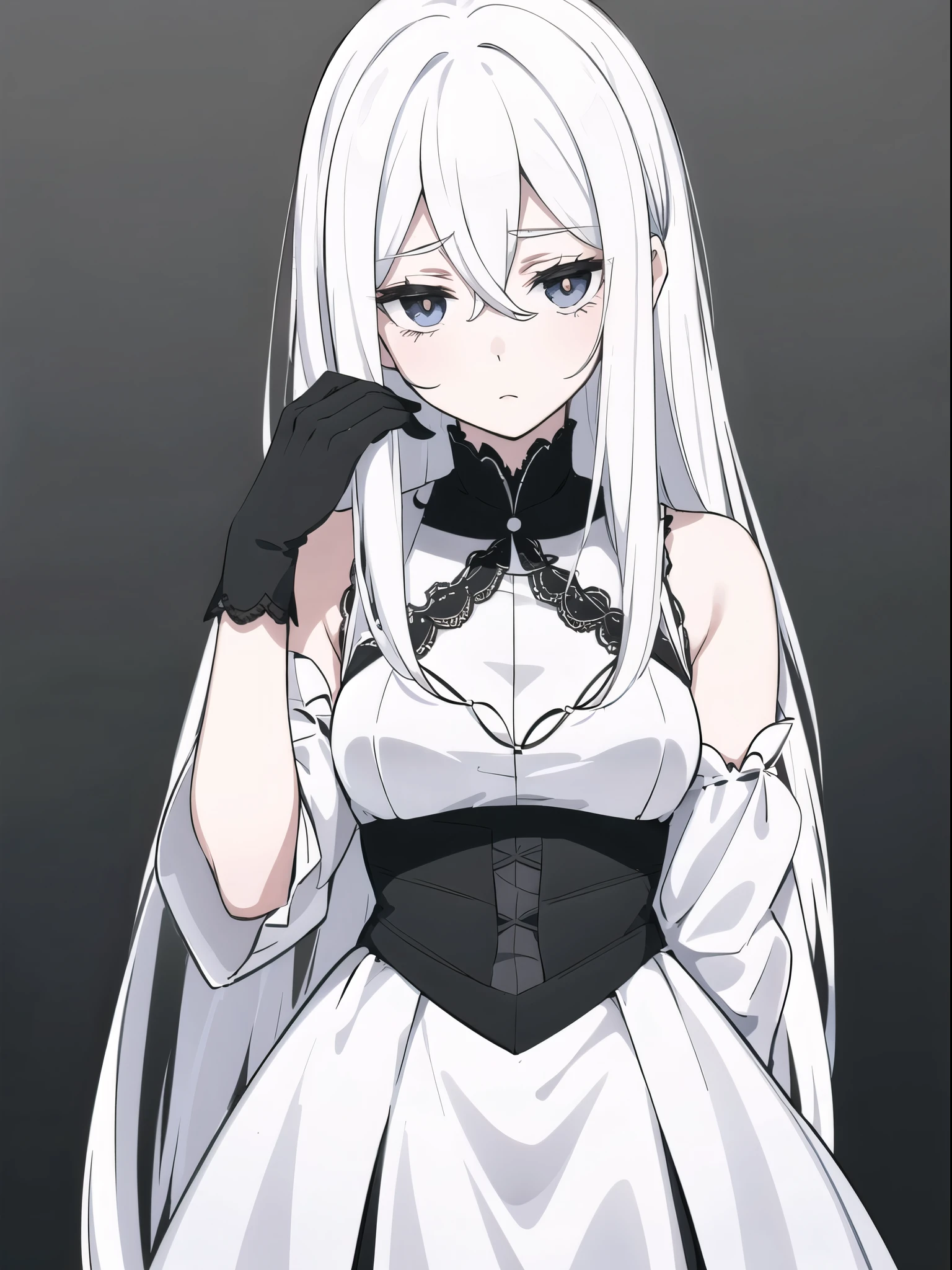((White hair)),((Head and Shoulders Image)),Sexy,A person,Alone,Simple style,pancake ,Simple details,Black background,Empty background,Black background wall,(20 year old woman),(Droopy hair),(White Gloves),(Evening Gown),(Lace Shirt),Lace,(confidence),(Tranquility)