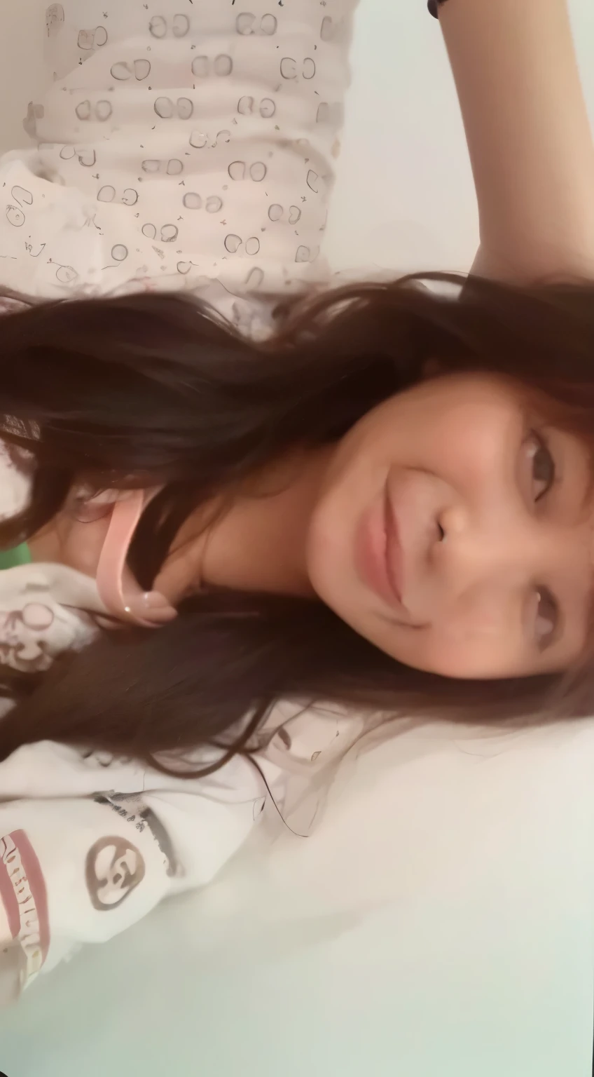 there is a woman that is holding a cell phone in her hand, she is about 1 , selfie photo, with long hair, with accurate face, very very low quality picture, she is smiling and excited, 18 years old, 1 8 yo, with kind face, frontal picture, blurry image, with a beautifull smile, 1 6 years old