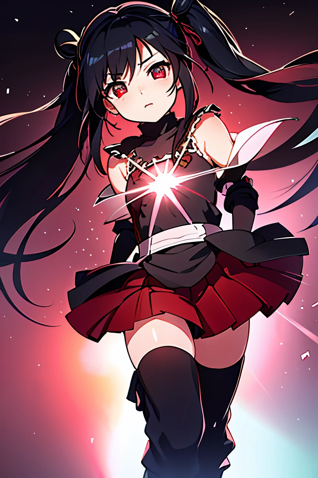 Anime, Girl, (((1girl))), (((Waifu, li meiling, li meiling Waifu))), (((Black Hair, twin bun hair style with pigtails)), ((Crimson Red Eyes eyes: 1.3, Upturned Eyes: 1, Perfect Eyes, Beautiful Detailed Eyes, Gradient eyes: 1, Finely Detailed Beautiful Eyes: 1, Symmetrical Eyes: 1, Big Highlight On Eyes: 1.2)), (((Lustrous Skin: 1.5, Bright Skin: 1.5, Skin Fair, Shiny Skin, Very Shiny Skin, Shiny Body, Plastic Glitter Skin, Exaggerated Shiny Skin, Illuminated Skin))), (Detailed Body, (Detailed Face)), Young, Lolita, (Best Quality), (((Bicep-high Gauntlets, Armored Boots, Thigh-high Heeled Boots, Armored Gauntlets))), (((Battle Kimono))), (((Skirt))), High Resolution, Sharp Focus, Ultra Detailed, Extremely Detailed, Extremely High Quality Artwork, (Realistic, Photorealistic: 1.37), 8k_Wallpaper, (Extremely Detailed CG 8k), (Very Fine 8K CG), ((Hyper Super Ultra Detailed Perfect Piece)), (((Flawless masterpiece))), Illustration, Vibrant Colors, (Intricate), High Contrast, Selective Lighting, Double Exposure, HDR (High Dynamic Range), Post-processing, Background Blur