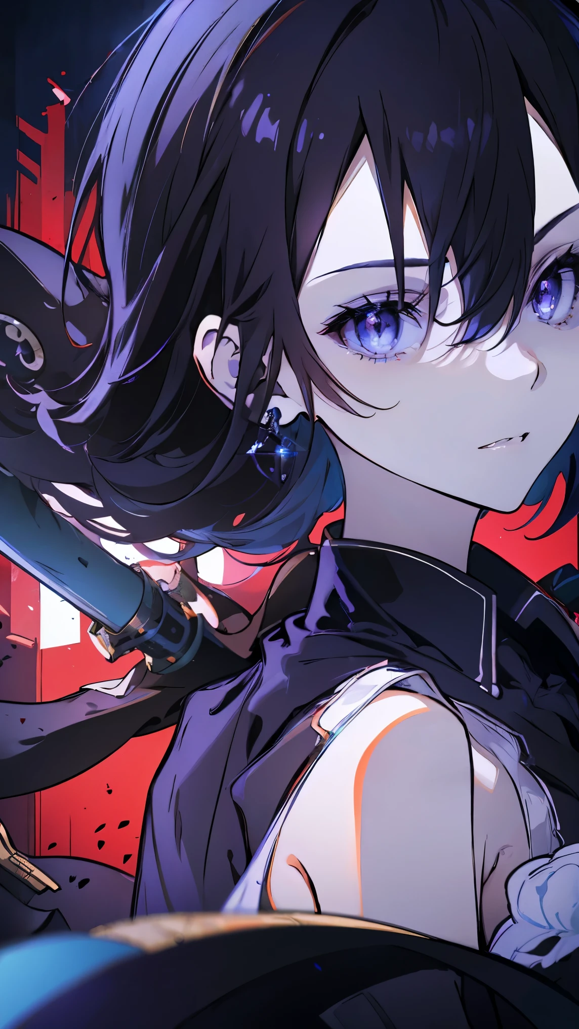 Female Kirito，purple eyes，Two dimensions，anime style，one person（female warrior），proportions are correct，facial details，swordsman，red dress，黑色long hair，neck detail，There is an Adam&#39;apple，suit，joke，robe，clothing details，surrender，long sleeves，Game quality，sword fight，Ray tracing，Ray tracing，Detailed glow，CG rendering，hair details，charming eyes，beautiful，（girly），Costumes are complicated，in the forest，night，starry sky，Perfect composition，Refinement，high quality，More detail，Lots of details，Complex background，a sense of atmosphere，long hair，purple eyes