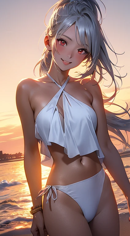 High resolution8k, bright light lighting, Lens flare, sharpness, masterpiece, highest quality, ウルトラ - High resolution, High resolution, Highly detailed CG, anime style, film portrait photography, 1 female, laughter, beautiful women, whole body, (((red eyes, straight hair, ponytail, silver hair, long hair))),, Woman wearing cross halter white bikini, high waist white bikini, sunset beach woman, sunset sky, (Natural skin texture Vibrant details, surreal)