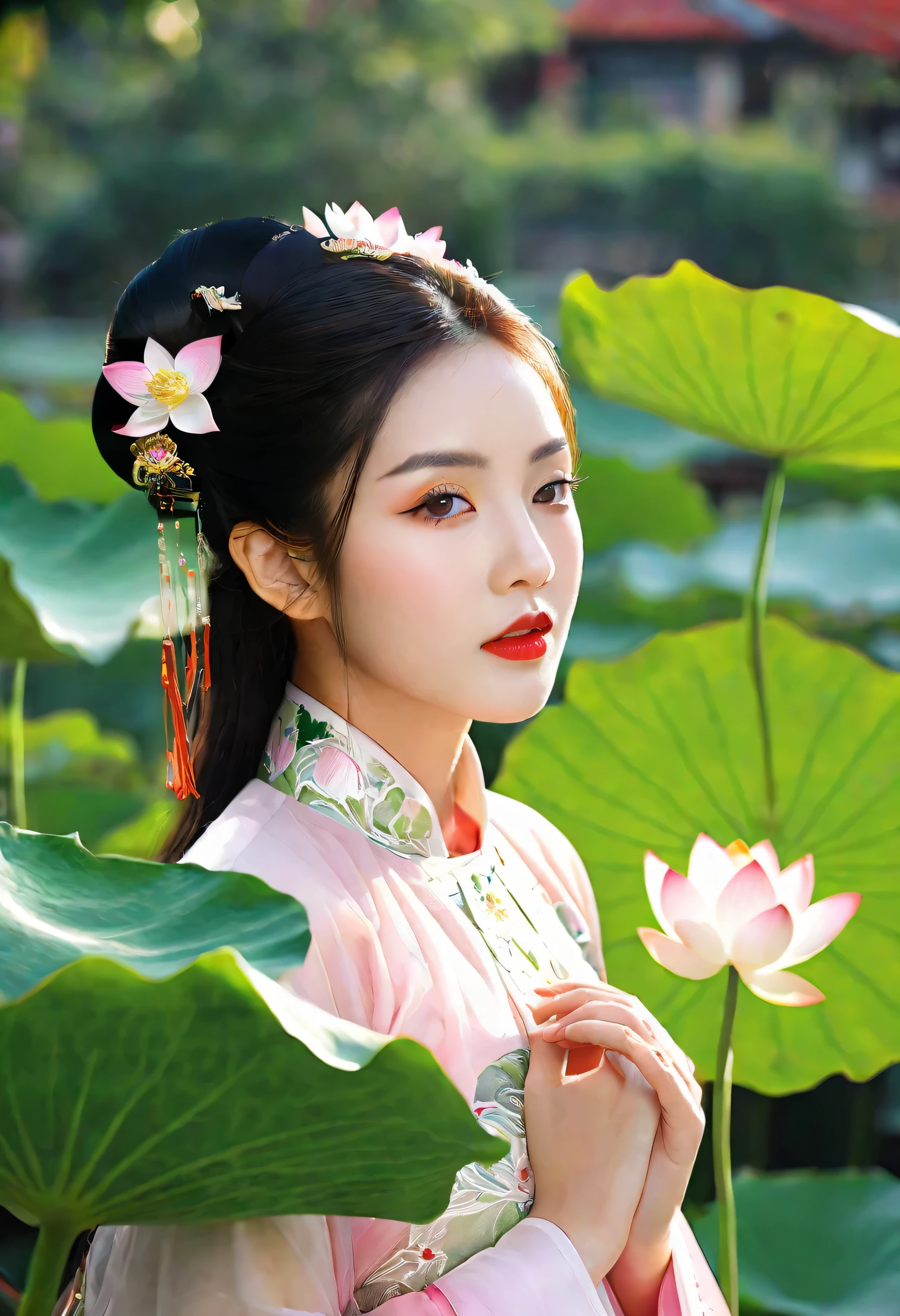 (best quality,4k,8k,highres,masterpiece:1.2),ultra-detailed,beautiful detailed eyes,beautiful detailed lips,extremely detailed eyes and face,long eyelashes,1 girl,Vietnamese,traditional dress,graceful pose,exotic atmosphere,lotus flowers,sunshine filtering through the leaves,serene garden setting,soft natural lighting,colorful backdrop,photorealistic,portrait,subtle color tones,
