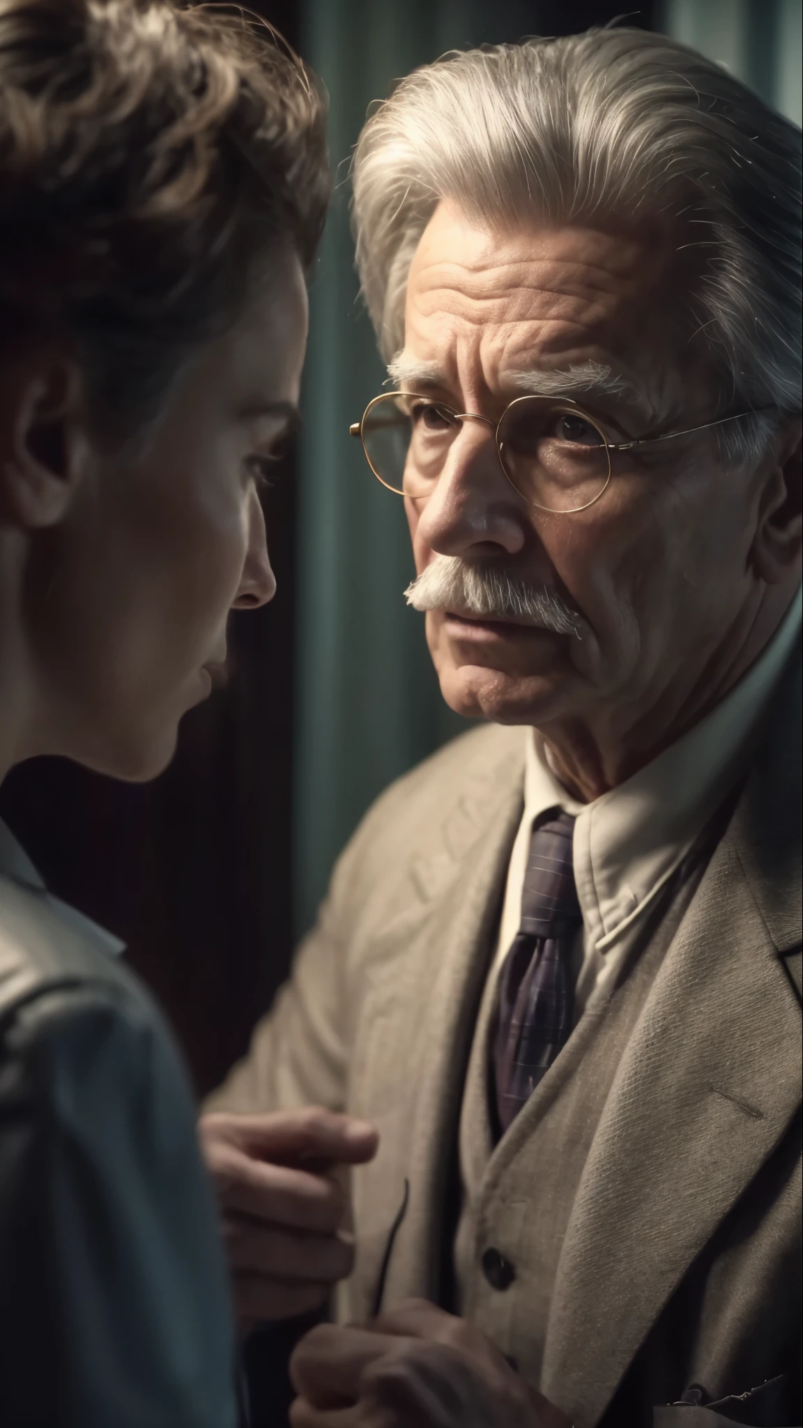 older man in suit and tie talking to young woman in dark room, still from a live action movie, still from a movie, screenshot from a movie, still frame from a movie, still from the movie, oldman with mustach, still from the film, scene from a movie, scene from live action movie, scene from the film, highly detailed vfx portrait