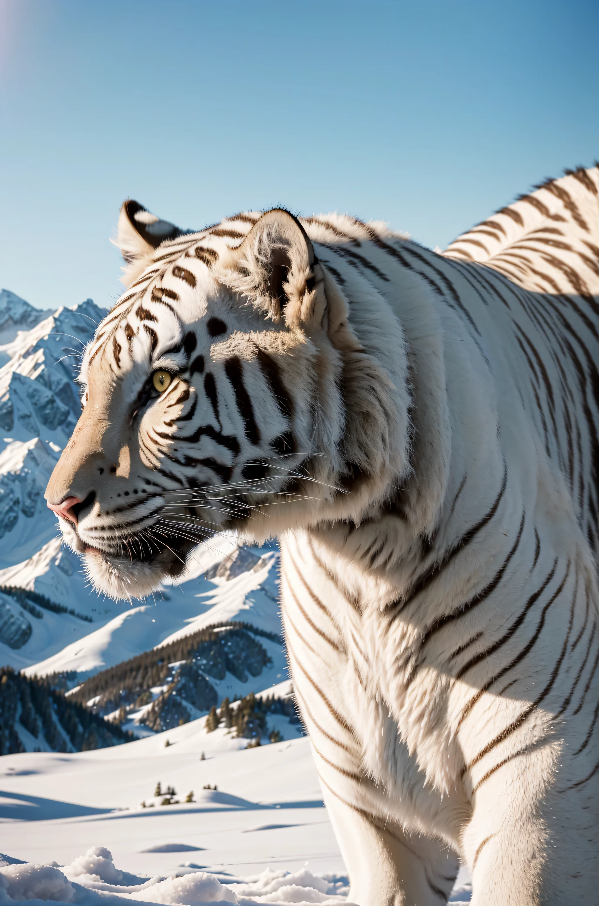 (best quality,4k,8k,highres,masterpiece:1.2,ultra-detailed,realistic,photorealistic:1.37, RAW photo, Nikon, portrait) a white tiger hunting, snow mountains for background, blurry background, bokeh, macro photo, UHD, 16k, best quality, super detail, retina, yellow Eyes