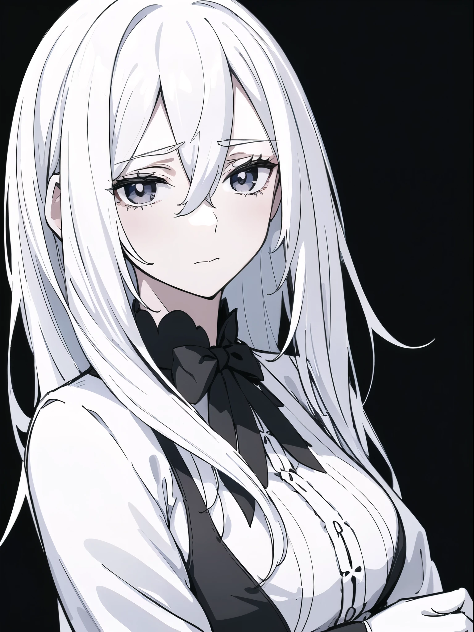 ((White hair)),((Head and Shoulders Image)),Sexy,A person,Alone,Simple style,pancake ,Simple details,Black background,Empty background,Black background wall,(20 year old woman),(Droopy hair),(White Gloves),(Evening Gown),(Lace Shirt),Lace,(confidence),(Tranquility)