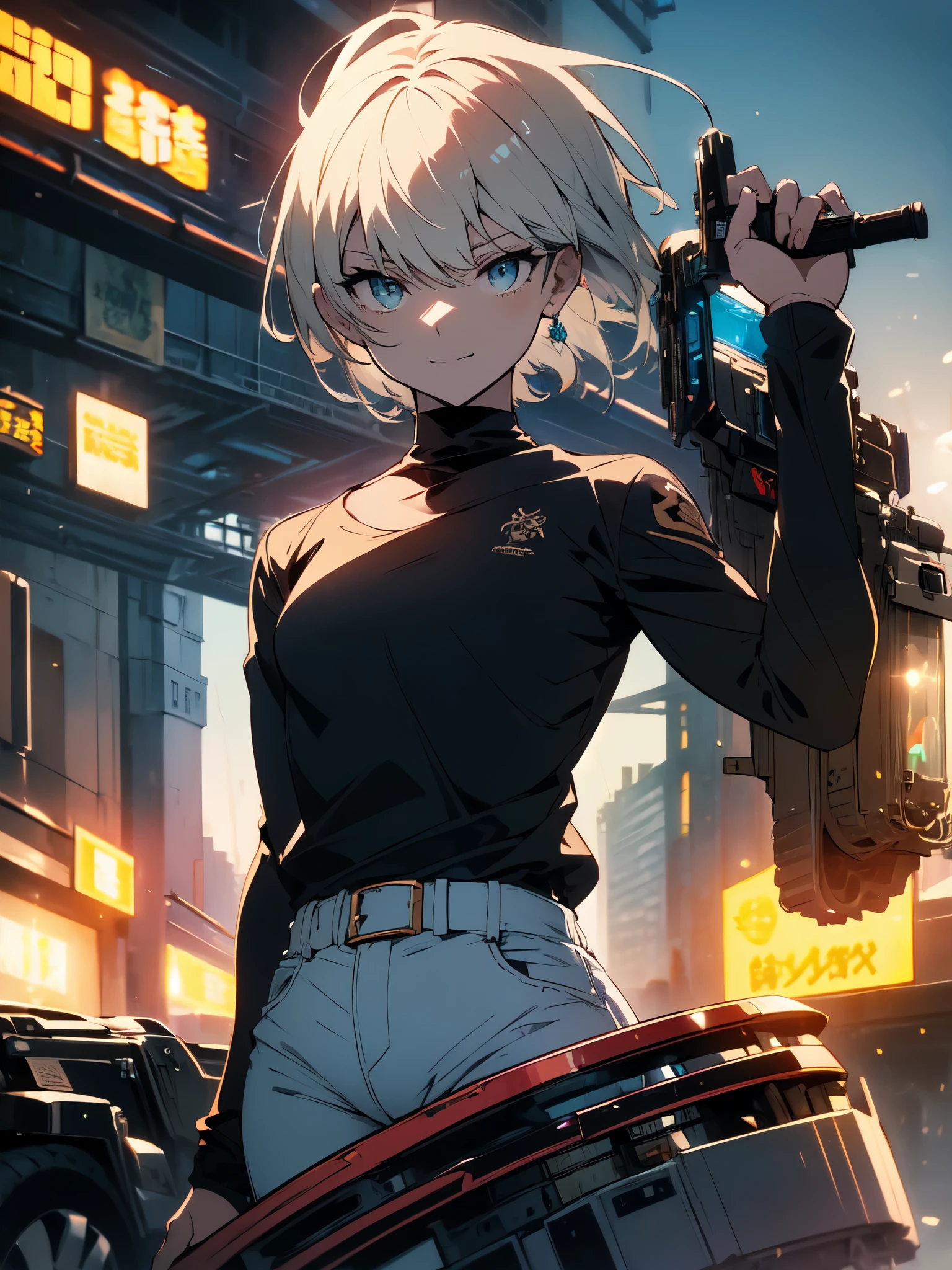 ((((masterpiece)))), expensive quality, very_expensive_solve, big_file size, full color, Steampunk featuring futuristic planets,, big規模の都市中で, Bustling foreigner market, and off-road bike. The main character is a beautiful girl with a beautiful upper body., short blonde hair, and a silvery smile., mechanized weapons. wearing a white tank top, Damaged Denim Shorts, Engineer boot, and off-road bikeに乗って. beautiful anime