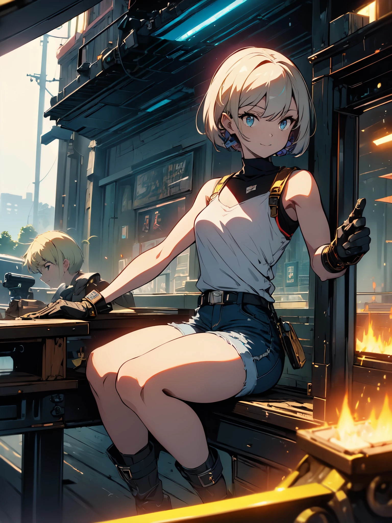 ((((masterpiece)))), expensive quality, very_expensive_solve, big_file size, full color, Steampunk featuring futuristic planets,, big規模の都市中で, Bustling foreigner market, and off-road bike. The main character is a beautiful girl with a beautiful upper body., short blonde hair, and a silvery smile., mechanized weapons. wearing a white tank top, Damaged Denim Shorts, Engineer boot, and off-road bikeに乗って. beautiful anime