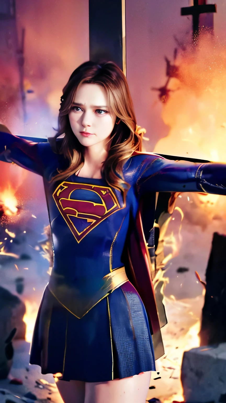 highest quality，masterpiece，UHD, Super detailed, 8K，(Beautiful woman)，(一人のBeautiful woman)，((crucifixion:1.5))，(((cross)))，(execution)，((incontinence))，scared，torture，slave，((crossにcrucifixionにされた女性：1.5)),crucifixion刑，((supergirl:1.5))，blue suit，Superman logo on chest，red skirt，red boots，((torn costume：1.5))，((Tearing of clothes：1.5))，(tattered clothes)，Beaten face，顔にtraces of being beaten，((bruises on body))，scars on body，injured face and body，(Bruise, dirty, torn clothes, revealing clothes, Blood:1.3)，traces of being beaten，Defeated heroine，a devastated world，ruins，abandoned building，(burning at the stake)，((roasted over fire：1.2))，inflammation，(inflammationに包まれている)，足下にinflammation