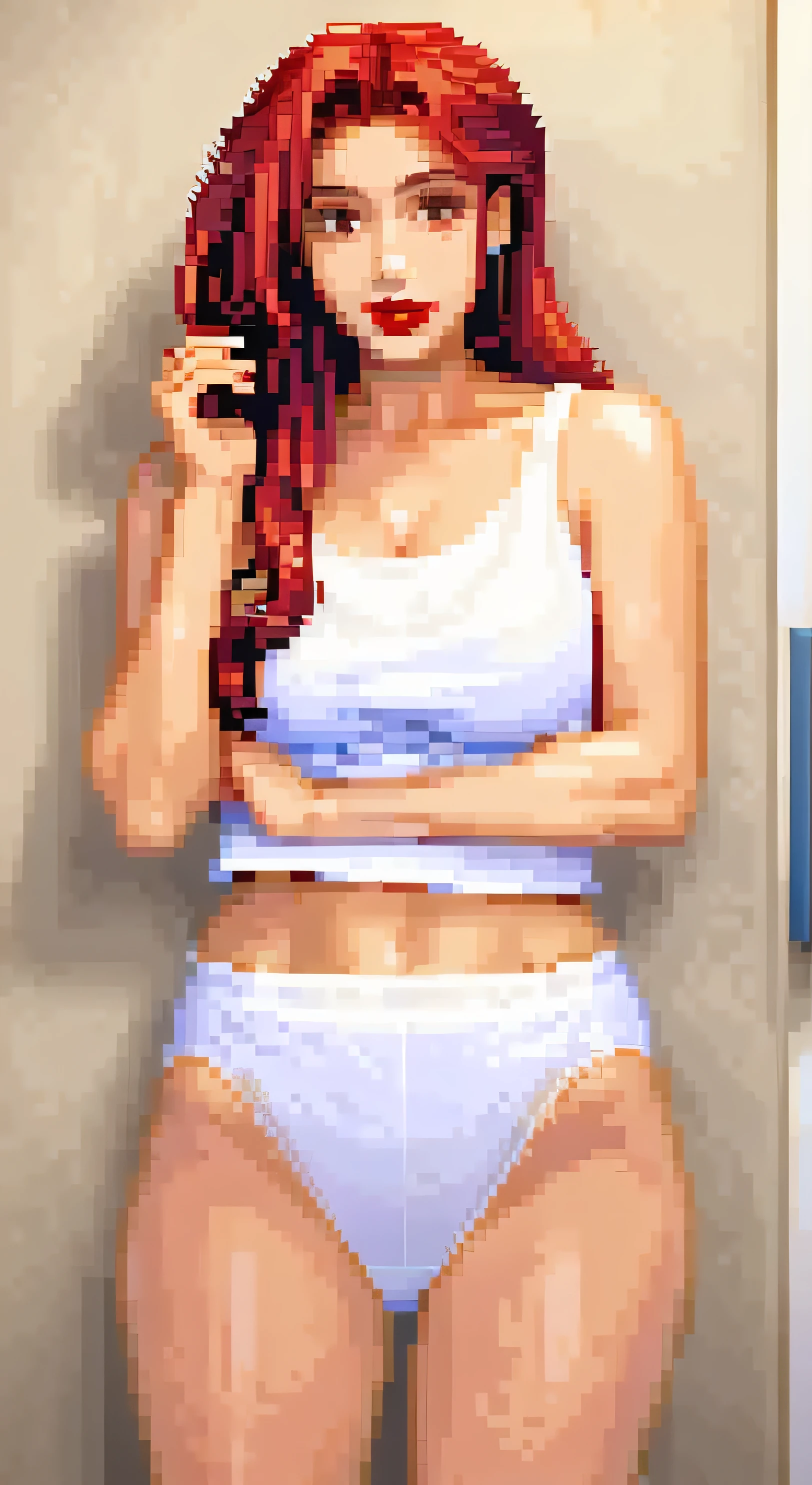 ((((masterpiece, best quality)))), ((33 year old)), (((Curvy))), ((Latina with long red hair)), in ((white tanktop)), ((white high cut panties)), ((Red lipstick)), ((Standing in a messy bathroom)), (((pixel art, pixel, realistic art style)))