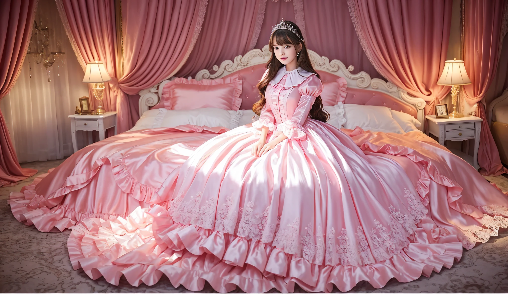 ,highest quality, masterpiece, highest resolution, artwork, super それにget used to it, many get used to it, get used to it, それにget used to it, 3K realistic photos,,((10 year old s)),Super detailed baby face,both are princesses,detailed luxury tiara,Full length ball gown dress with hoop skirt,ruffle yoke collar,Detailed braided ribbon at chest,puff sleeves,long sleeve,((lolita stylt pink princess satin dress、Comes with lots of frills and ribbons。)),crazy'colorful fashion,shiny silk satin dress,soft and smooth silk satin fabric,luxury,Very long blonde hair,blue eyes,white skin european,pajamas,((inside the palace)),Princess dancing happily,gorgeous flowing dress,fine white frills and lace,Super long hair that is as tall as your body,white long socks,drawers with lots of frills,castle bedroom at night,Super long flowing hair,on the bed,豪華な天蓋付きon the bed,巨大な広いon the bed,Pink pillow with lots of frills,Silk satin pink curtains with luxurious ruffles and ribbons surround the bed,princess sitting on bed,Pillows piled up behind the princess,A princess leaning on a pile of pillows,Long hair scattered like a fan on the bed,(((Both legs are completely hidden inside the dress))),((((round futon)))),((((A large futon with frills that covers the entire bed)))),detailed comforter,Detailed bed sheets,