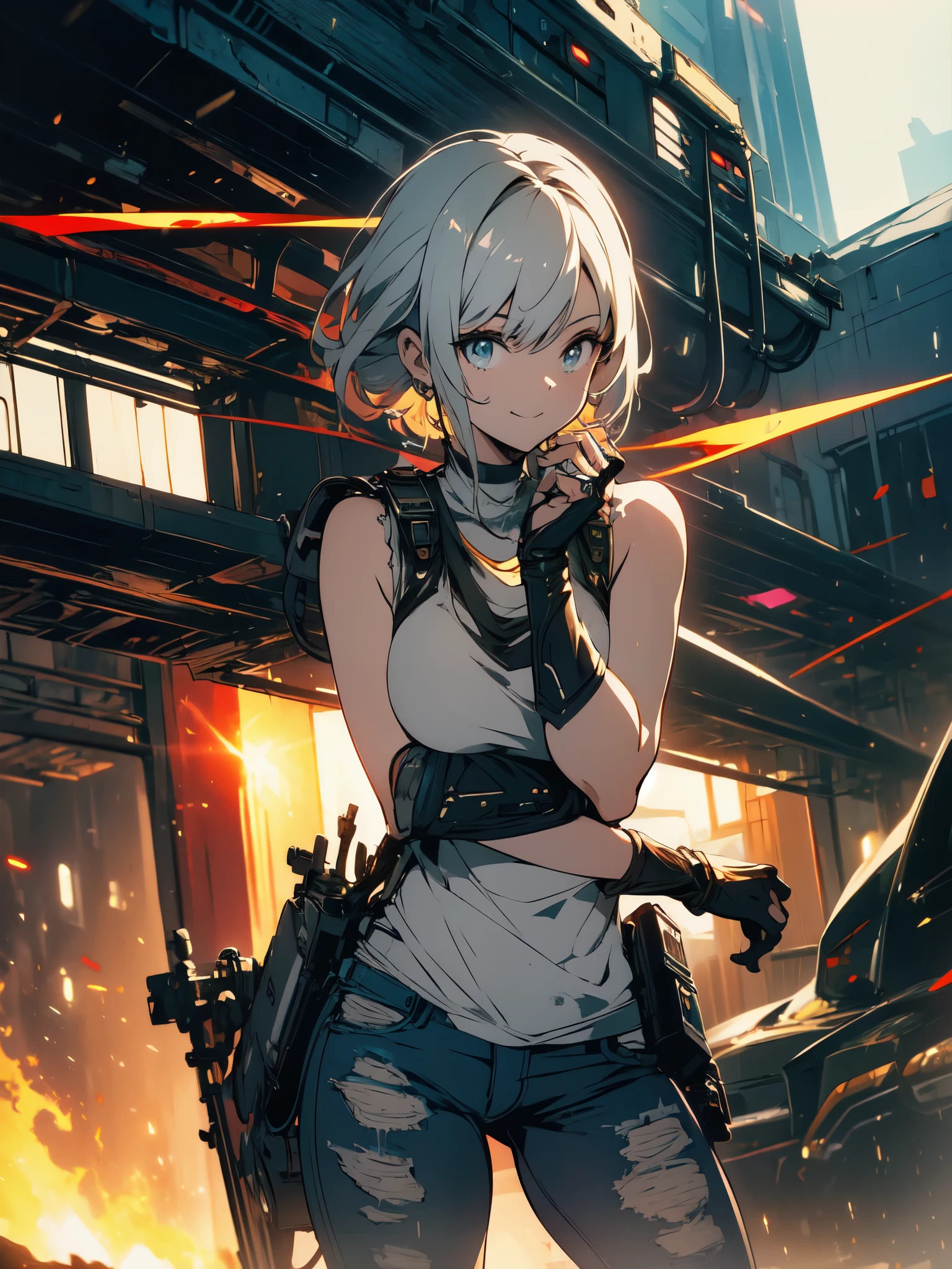 ((((masterpiece)))), expensive quality, very_expensive_solve, big_file size, full color, Steampunk featuring futuristic planets,, big規模の都市中で, Bustling foreigner market, and off-road bike. The main character is a beautiful girl with a beautiful upper body., short blonde hair, and a silvery smile., mechanized weapons. wearing a white tank top, Damaged Denim Shorts, Engineer boot, and off-road bikeに乗って.  beautiful anime