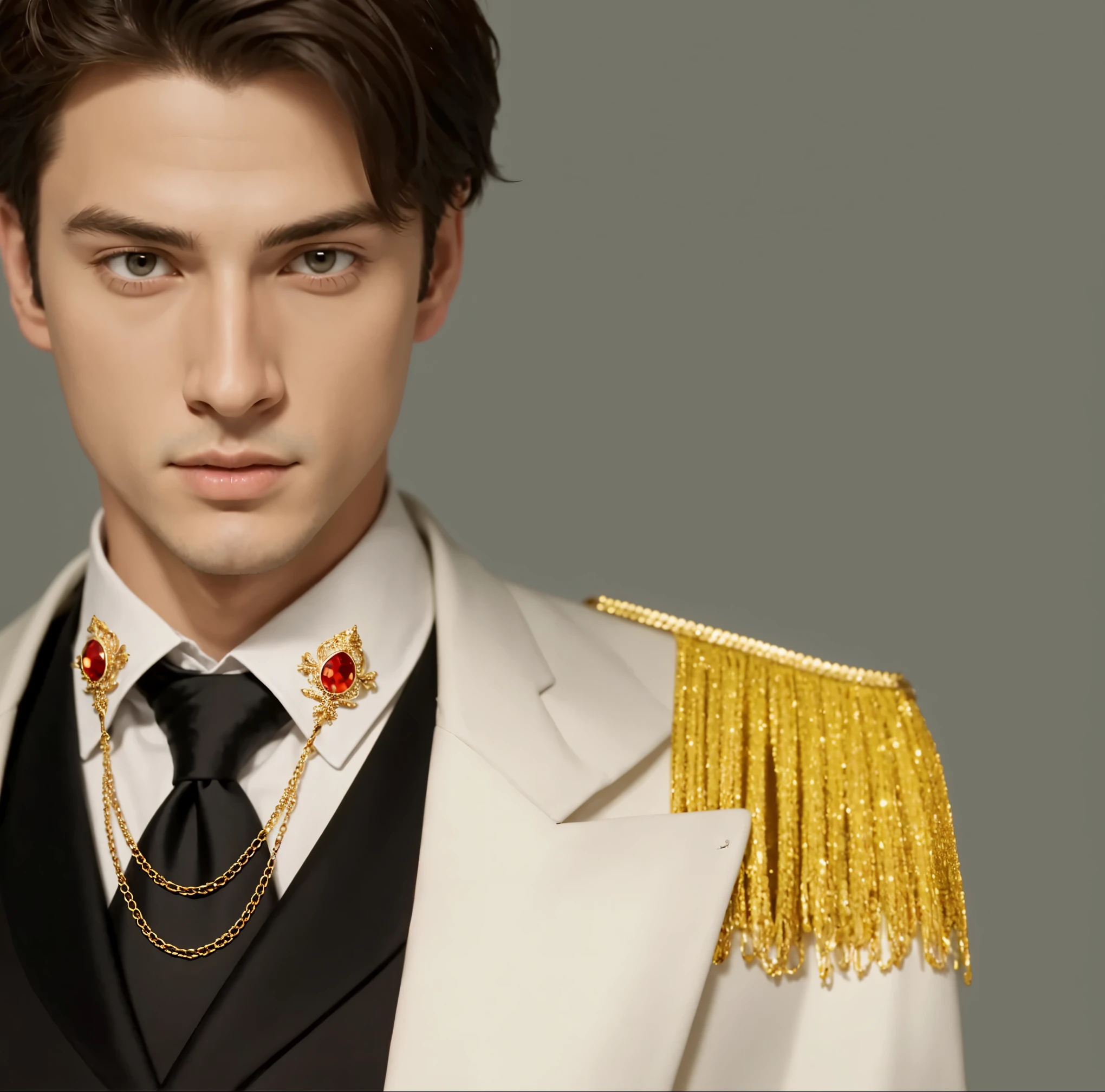 Reference sheet: 1.8, great details, high quality, masterful work, Tall Boy, Beautiful face, long pants, art in bootasterpiece, A high resolution, high quality: 1.2), complex parts, cinematic lighting, Clear Focus, depth of field, White coat, black pants, black shoes with gold toe, Gold Elements, brunette, an aristocrat, 

