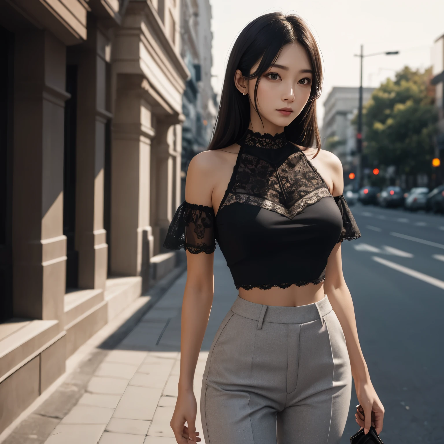 An AI-generated woman stands gracefully, wearing the "Elegance in Lace" top paired with high-waisted trousers. Soft, diffused lighting highlights the intricate lace detailing, while the woman exudes confidence and elegance.]