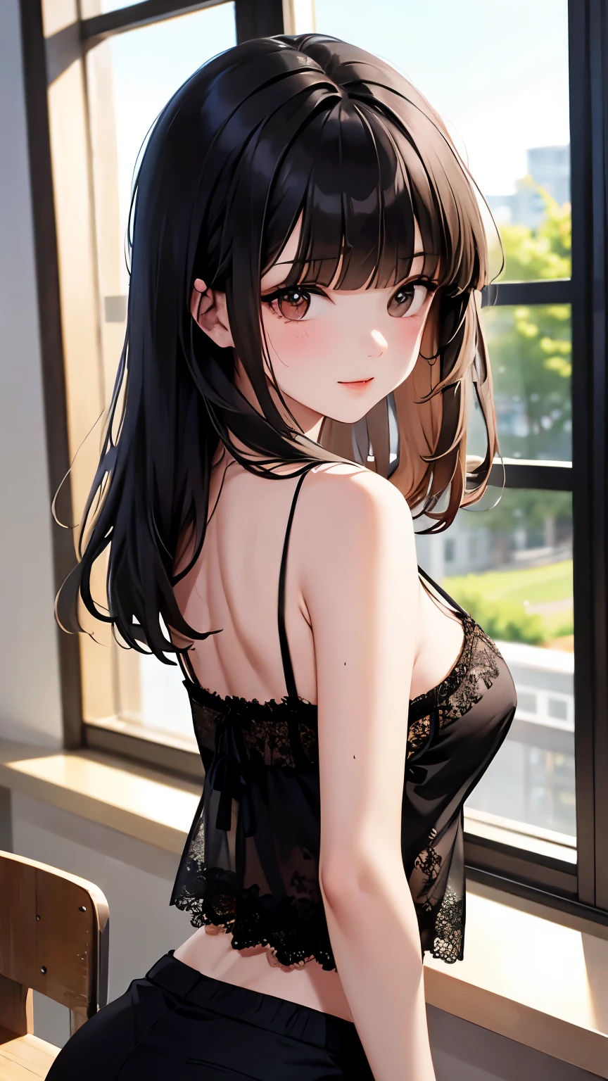 best quality, highres,Slender、brown eyes、tall、(bangs bangs:1.5)、long hair,straight hair、classroom、19 years old、(Thin black lace camisole:1.5)、black skirt、black hair 、8 life size