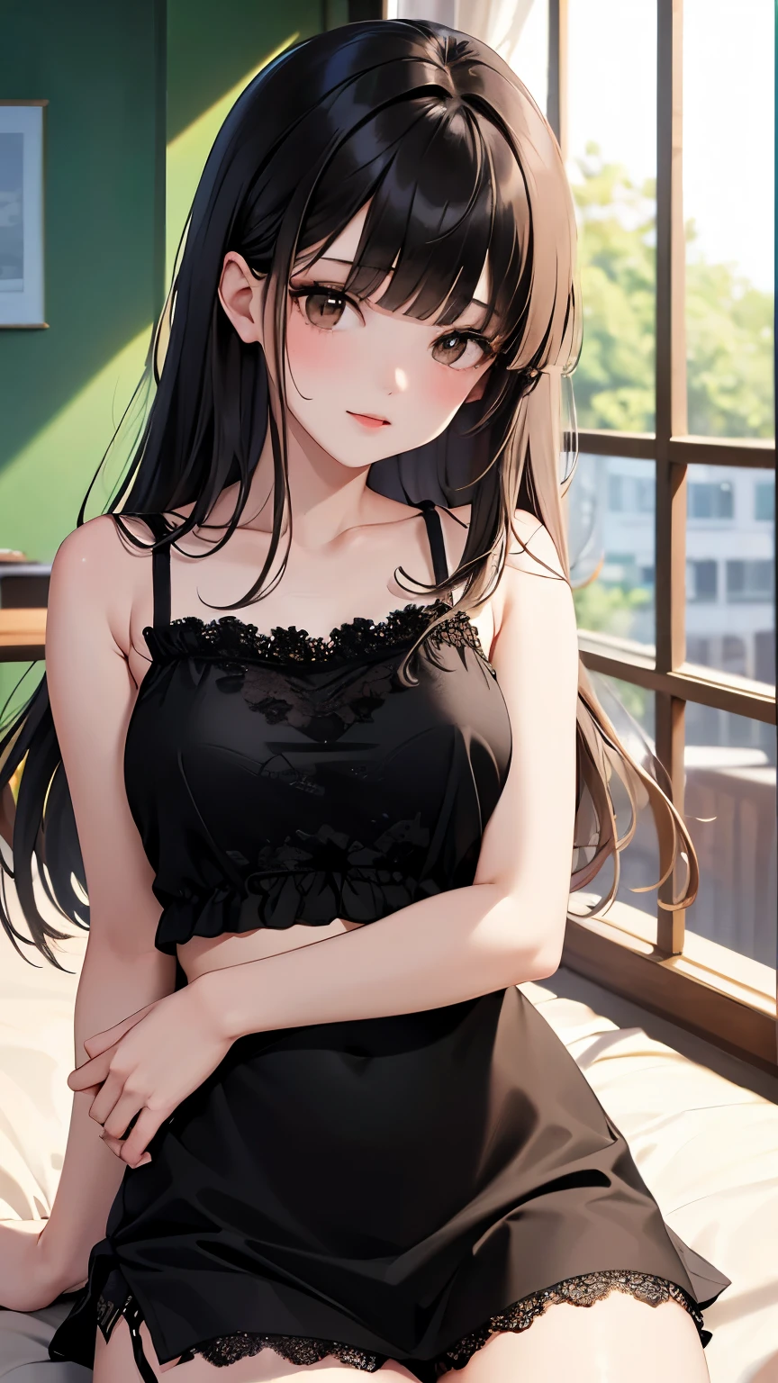 best quality, highres,Slender、Brown eyes、tall、Black Hair、ponytail、Straight Hair、School、classroom、Black Skirt、Black lace camisole
