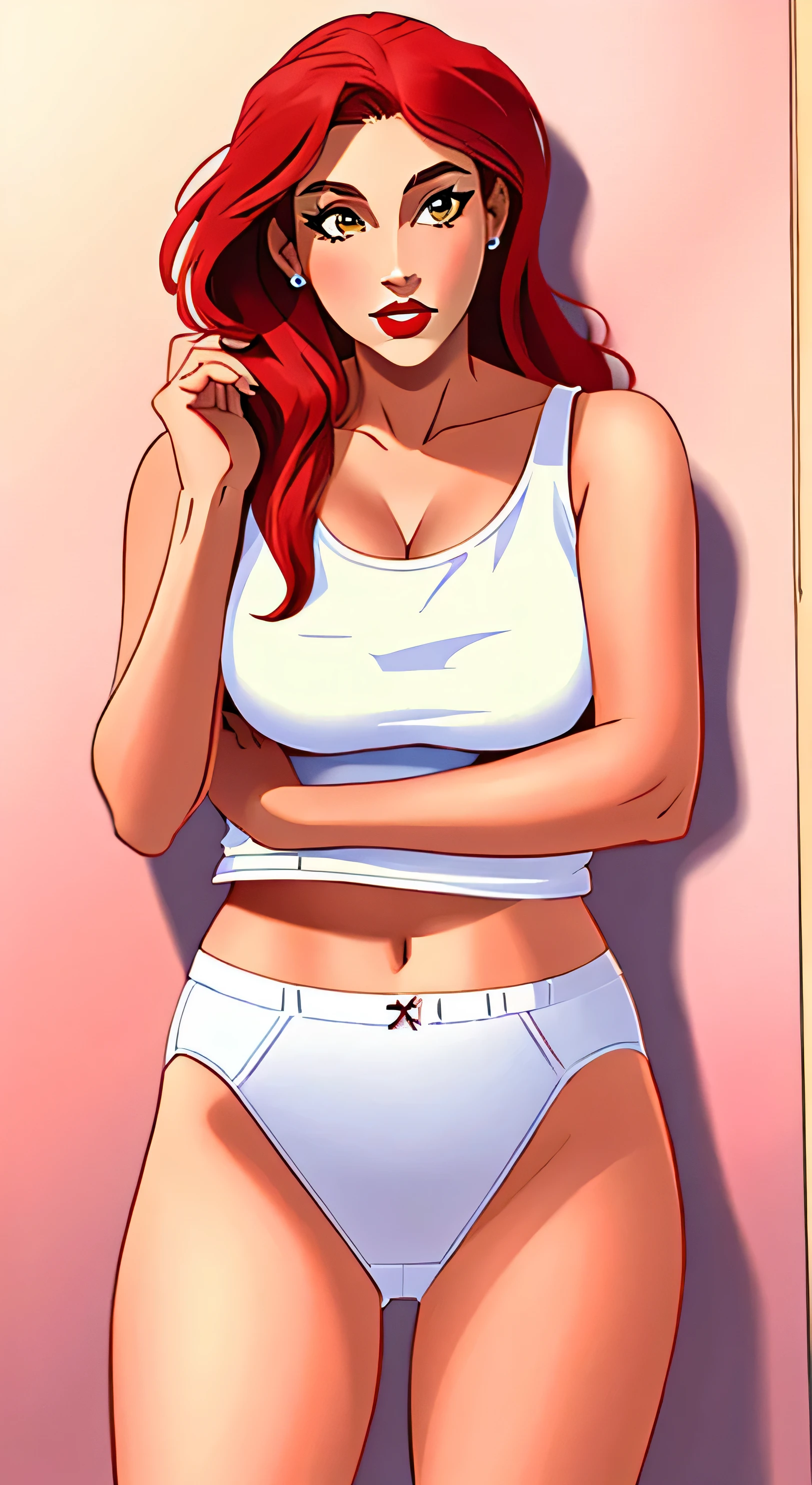 ((((masterpiece, best quality)))), ((33 year old)), (((Curvy))), ((Latina with long red hair)), in ((white tanktop)), ((white high cut panties)), ((Red lipstick)), ((Standing in a messy bathroom)), (((Western cartoon style)))