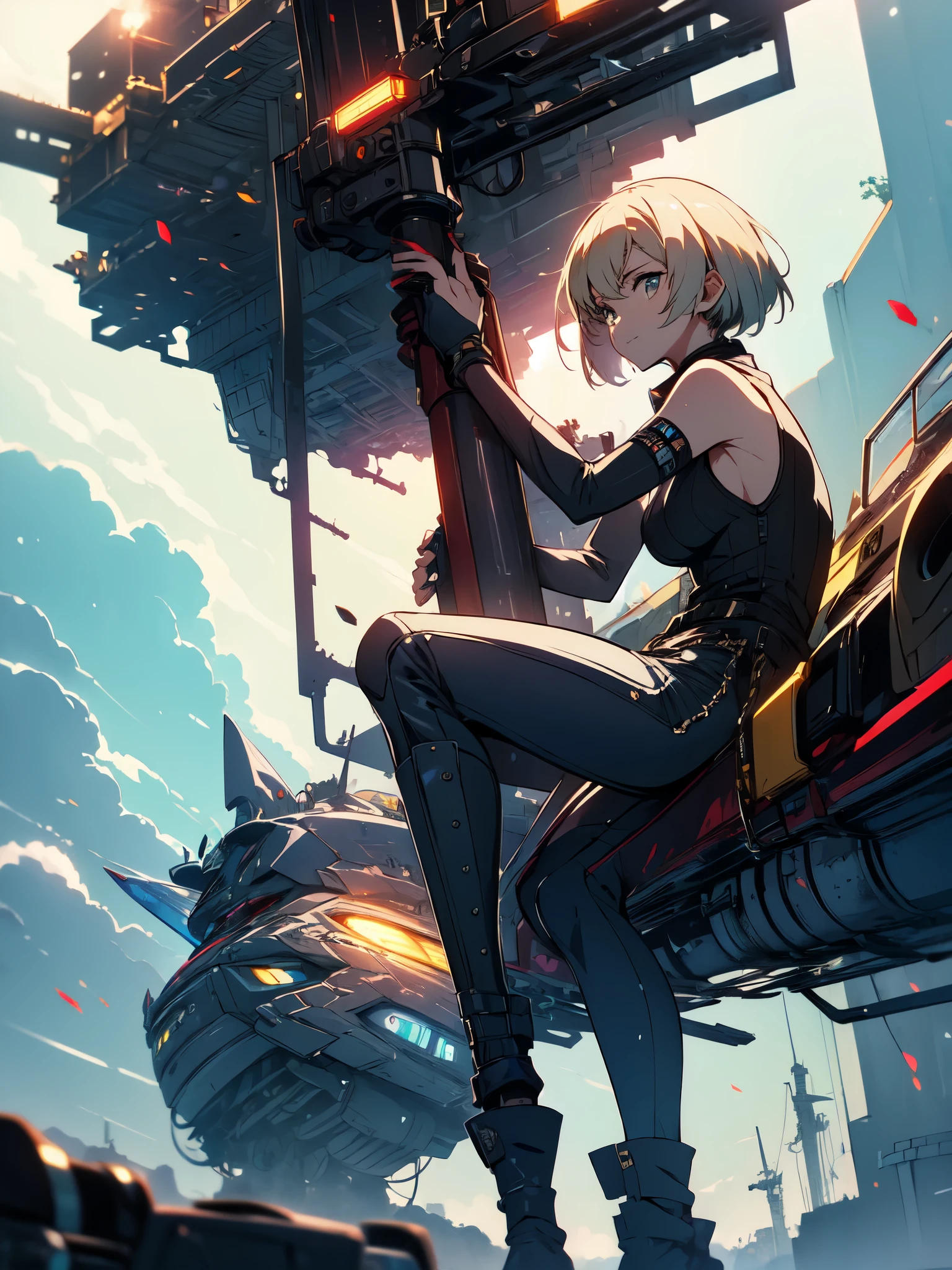 ((((masterpiece)))), expensive quality, very_expensive_solve, big_file size, full color, Steampunk featuring futuristic planets,, big規模の都市中で, Bustling foreigner market, and off-road bike. The main character is a beautiful girl with a beautiful upper body., short blonde hair, and a silvery smile., mechanized weapons. wearing a white tank top, Damaged Denim Shorts, Engineer boot, and off-road bikeに乗って. beautiful anime
