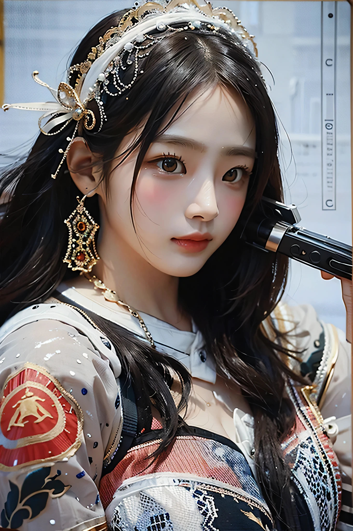 (highest image quality), (masterpiece), (vibrant, photography realistic, Realistic, Dramatic, Dark, Sharp focus, 8K), beautiful, Highly detailed face and skin texture, sexy wedding dress, ethereal beauty, mature asian woman,black long hair, make up, nsfw ,Close up shot, ((backlight)), holding the gun, secret agent, sniper agent