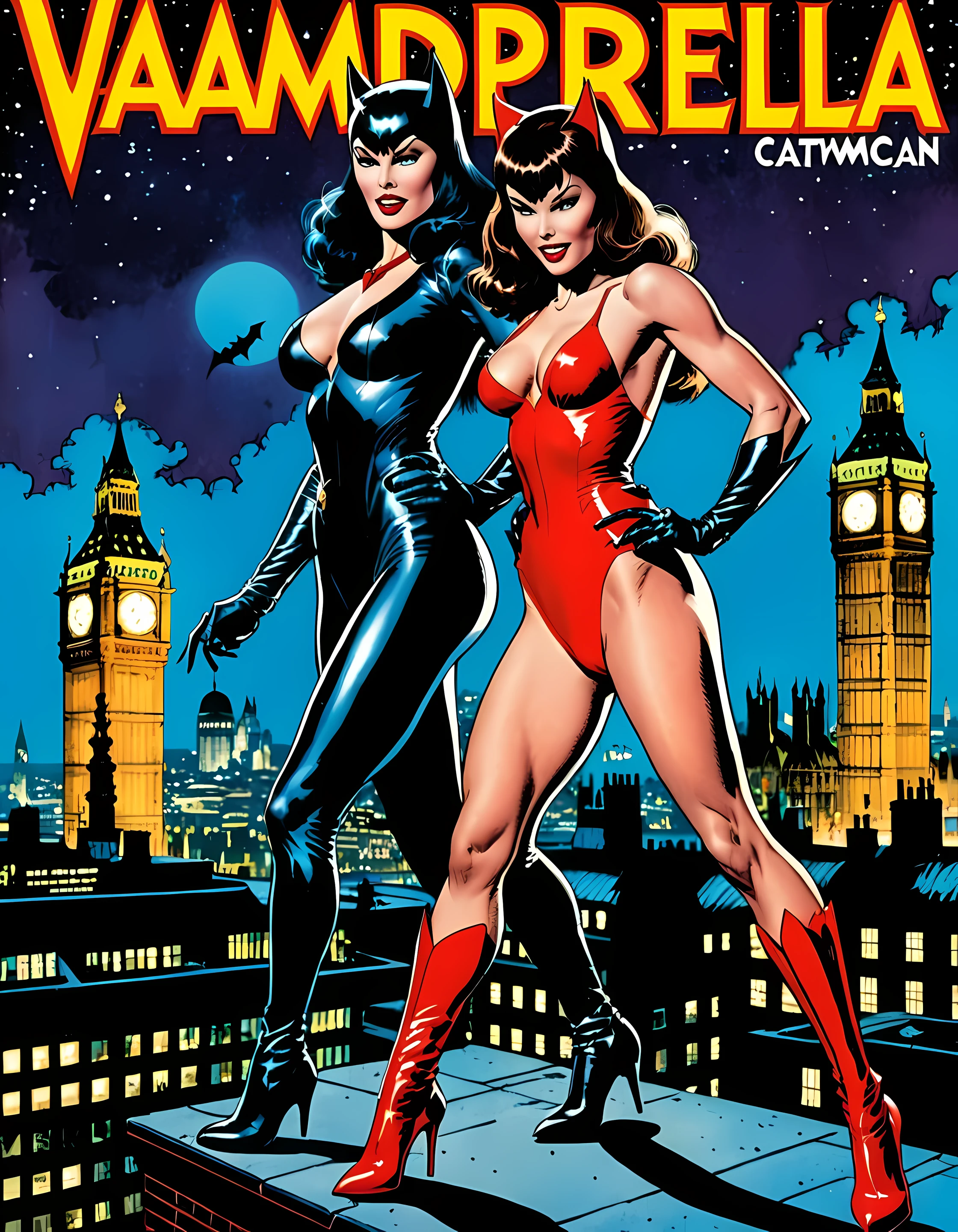 retro comic book cover, (vampirella) and (catwoman:1.12) dynamic action pose on top of building at night, london [centered-text] (detailed, high saturation), comic-art