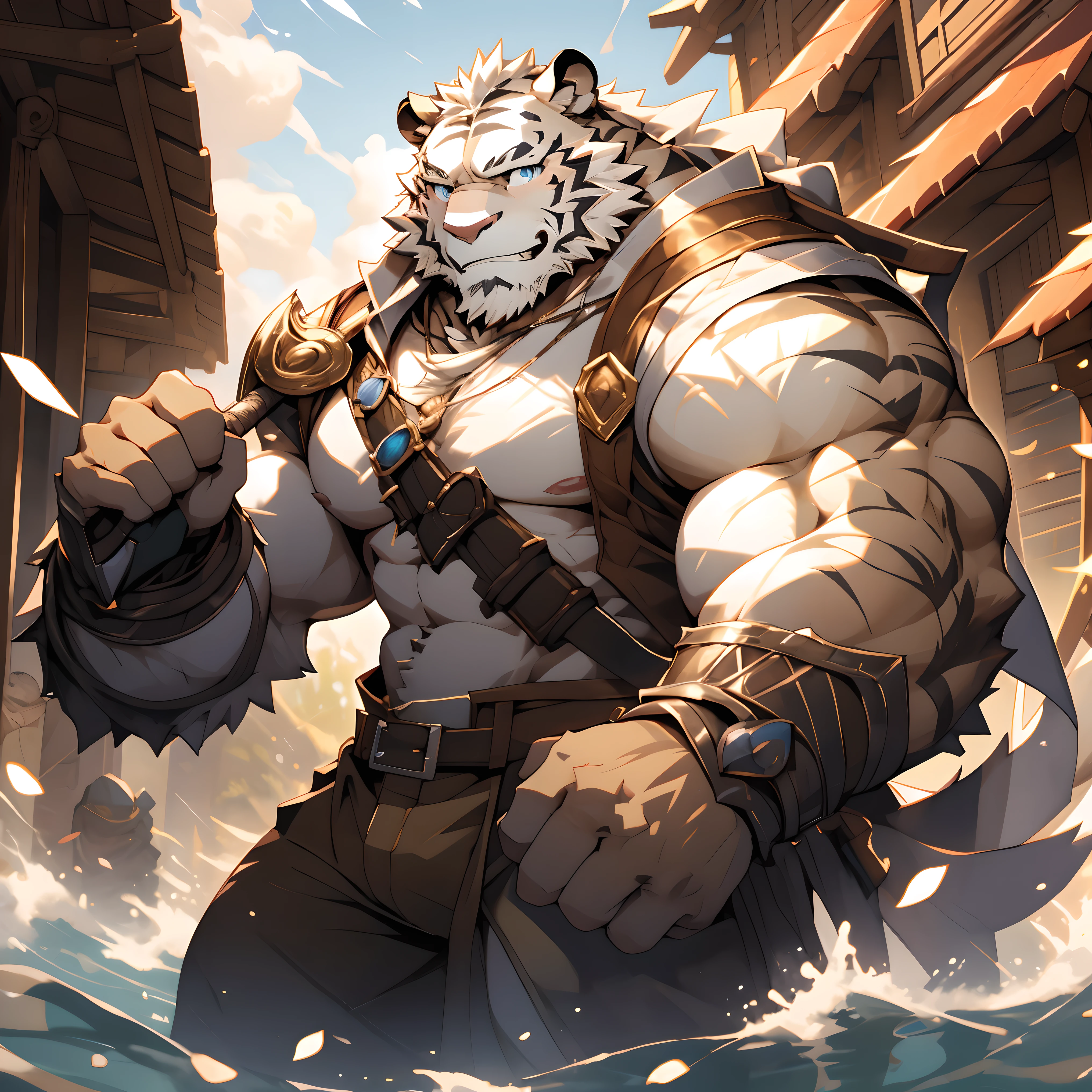 human nature, white tiger orc, male, middle aged, hairy, muscular, crotch bulge, scars on cheeks, blue eyes, Naked torso, Thick arms, knight, one handed sword, Smile, battlefield, anime style, Surrealism, fauvism, movie lighting, chiaroscuro, close up, move chart, ultra high definition, anatomically correct, precise, high detail, high quality, masterpiece, Ultra-detailed, textured skin, high resolution