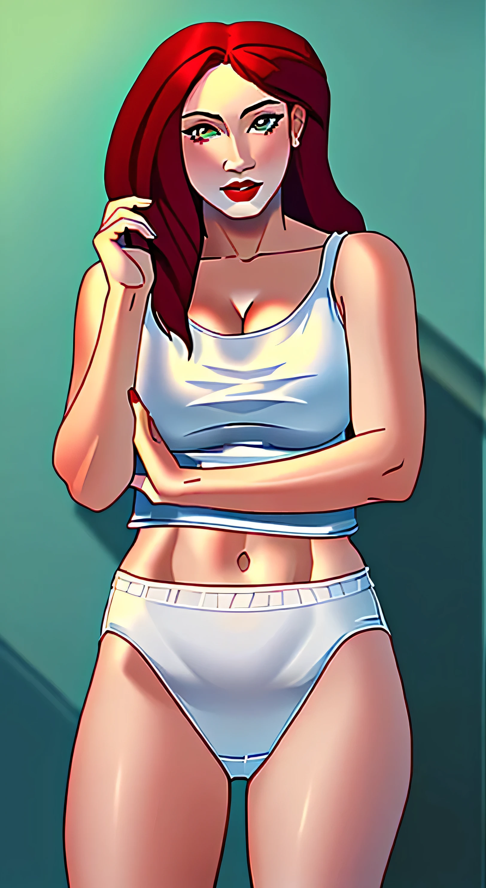 ((((masterpiece, best quality)))), ((33 year old)), (((Curvy))), ((Latina with long red hair)), in ((white tanktop)), ((white high cut panties)), ((Red lipstick)), ((Standing in a messy bathroom)), (((Western cartoon style)))