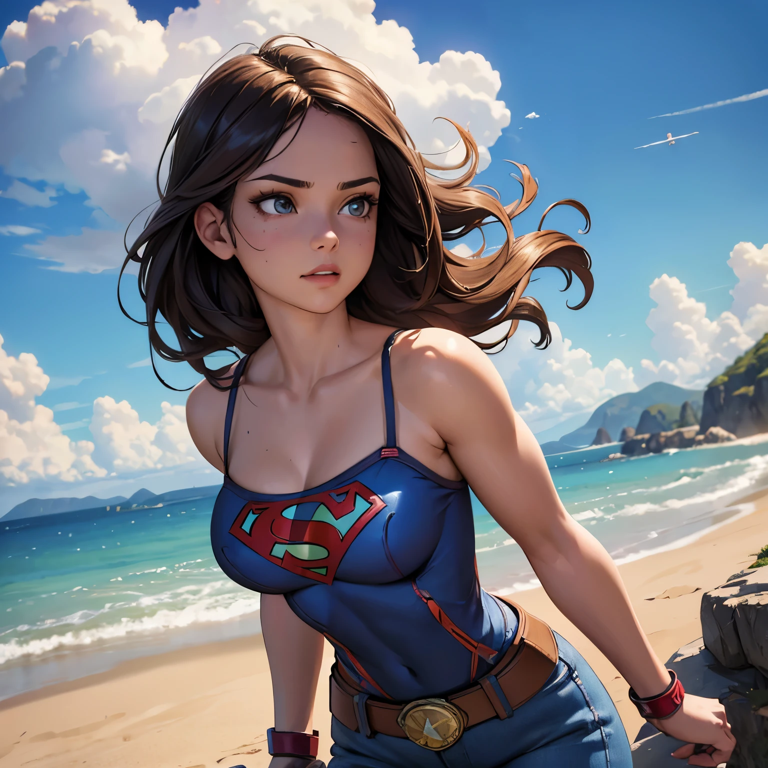 best quality, ultra-detailed, masterpiece, fine details, high res, 8k wallpaper, best quality, highres, cowboy shot, supergirl, spaghetti strap top, dynamic action, flying, doing superhero stuff, superhero, beautiful girl, woman, solo, fly, sky, cloudy sky, (cute:1.3), realistic, (cute), (detailed face), detailed eyes, detailed iris, detailed skin, masterpiece, professional photoshoot, perfect face, spaghetti strap top