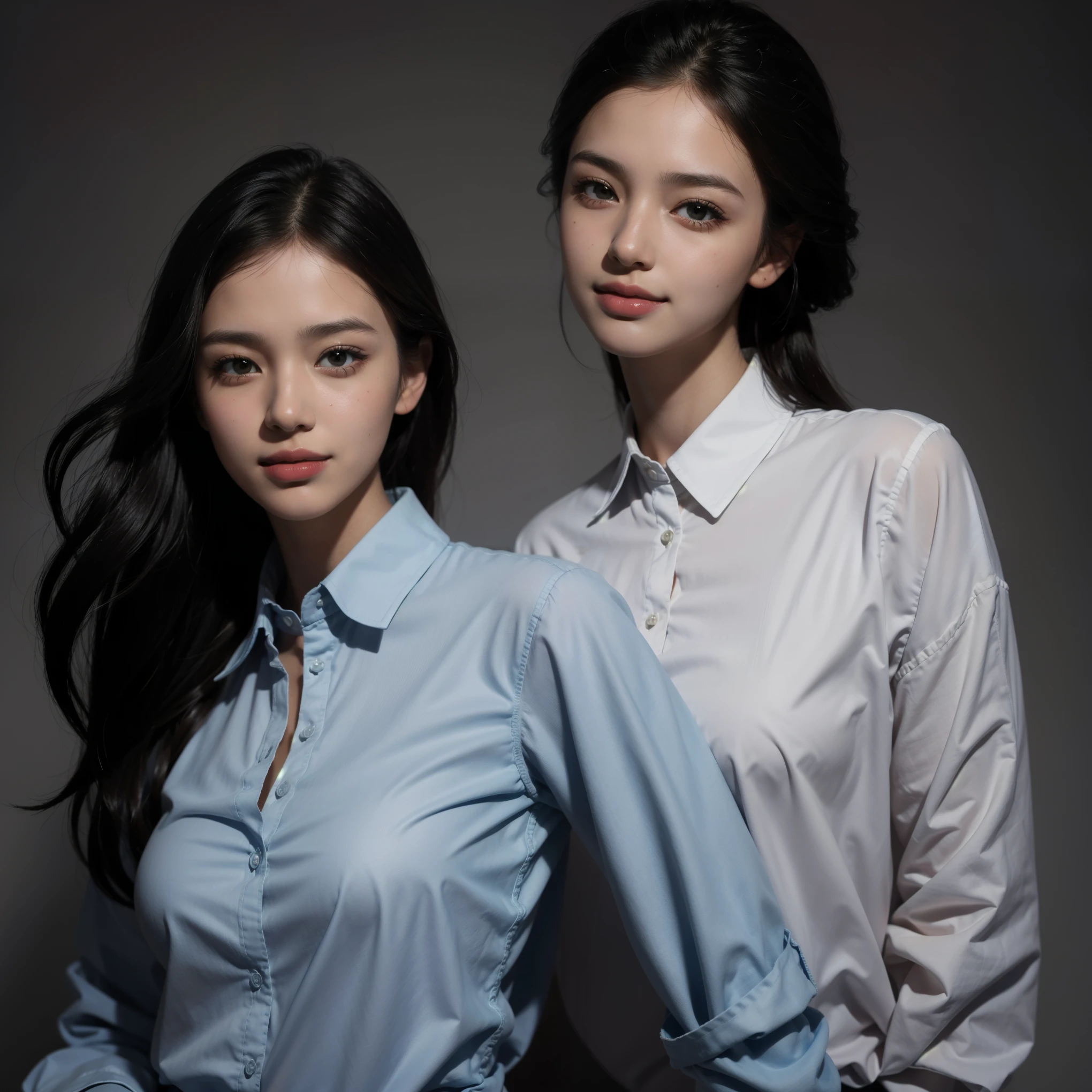 highest quality, masterpiece, (realistic:1.4), 1 girl, an inviting smile, collared shirt, Upper body, dramatic lighting, from below
