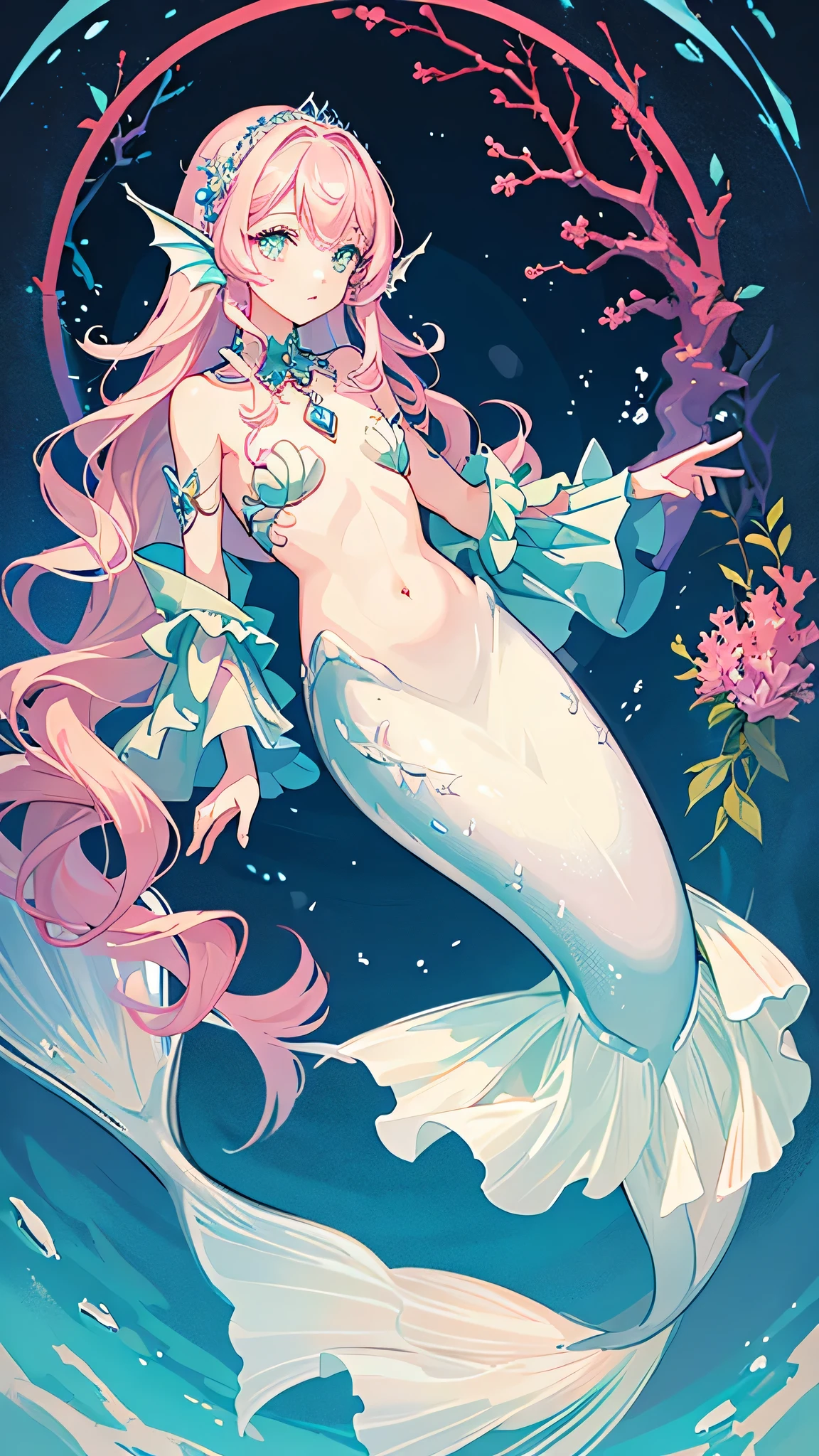 Illuminated by the mysterious light of the deep sea, 明るいピンクの髪と輝く瞳を持つ水色のmermaid., An underwater kingdom full of colorful corals and seaweed, mermaid&#39;hair is long、Swings naturally due to the ocean currents。., The tail fin shines like a jewel with a bright pink gradation.., Let&#39;s swim gracefully in the sea and see everything around us..々colorful small fish dancing, A fantastic underwater castle faintly visible in the background., mermaid&#39;The expression is calm, Beautiful light blue eyes、It expresses the dream-like longing of gazing at distant scenery.。.
