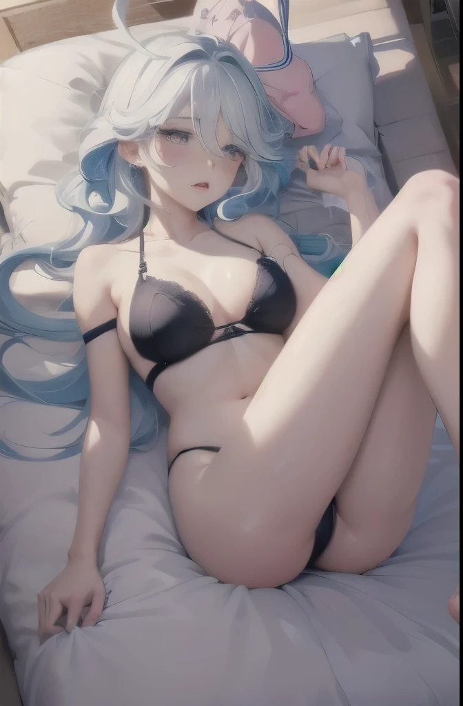 top quality,8K,one girl,Sangonomiya,despise,half-closed eyes,blush,open mouth,shoulder,Thin face,large breast,face focus,face to the viewer,lying down,Lie flat on the bed,Aerial Photography,Full body like,(long and beautiful leg:1.5),Clear face,Exquisite facial features,sexy
