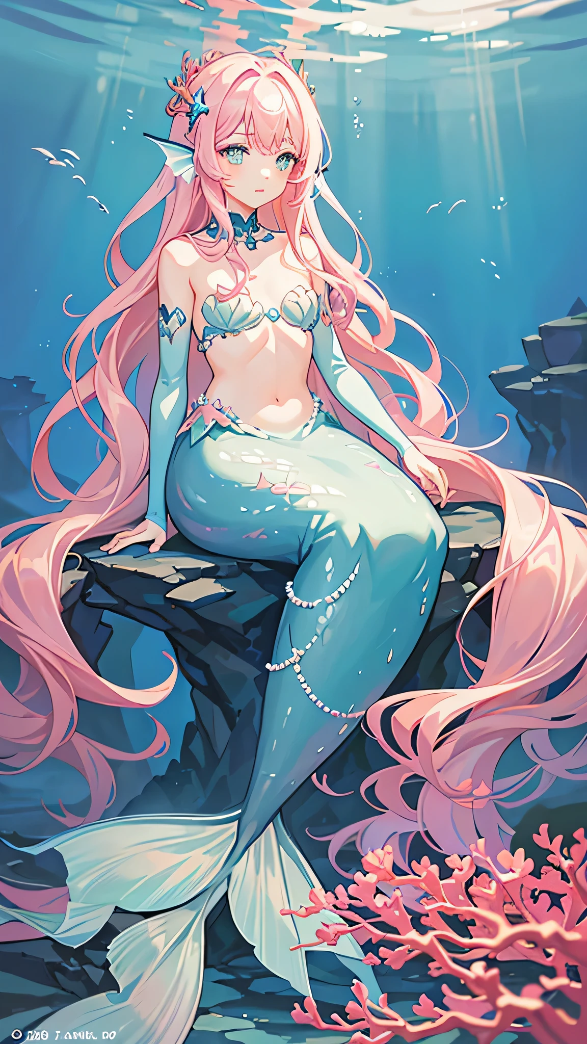 Illuminated by the mysterious light of the deep sea, 明るいピンクの髪と輝く瞳を持つ水色のmermaid., An underwater kingdom full of colorful corals and seaweed, mermaid'hair is long、Swings naturally due to the ocean currents。., The tail fin shines like a jewel with a bright pink gradation.., Let's swim gracefully in the sea and see everything around us..々colorful small fish dancing, A fantastic underwater castle faintly visible in the background., mermaid'The expression is calm, Beautiful light blue eyes、It expresses the dream-like longing of gazing at distant scenery.。.