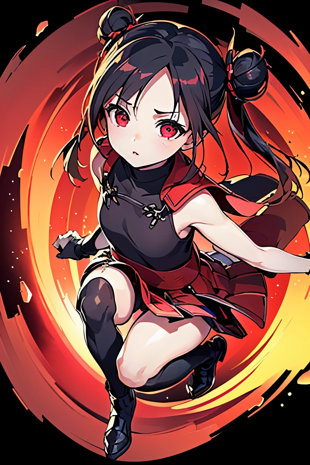 Anime, Girl, (((1girl))), (((Waifu, li meiling, li meiling Waifu))), (((Black Hair, twin bun hair style with pigtails)), ((Crimson Red Eyes eyes: 1.3, Upturned Eyes: 1, Perfect Eyes, Beautiful Detailed Eyes, Gradient eyes: 1, Finely Detailed Beautiful Eyes: 1, Symmetrical Eyes: 1, Big Highlight On Eyes: 1.2)), (((Lustrous Skin: 1.5, Bright Skin: 1.5, Skin Fair, Shiny Skin, Very Shiny Skin, Shiny Body, Plastic Glitter Skin, Exaggerated Shiny Skin, Illuminated Skin))), (Detailed Body, (Detailed Face)), Young, Lolita, (Best Quality), (((Bicep-high Gauntlets, Armored Boots, Thigh-high Heeled Boots, Armored Gauntlets))), (((Battle Kimono))), (((Skirt))), High Resolution, Sharp Focus, Ultra Detailed, Extremely Detailed, Extremely High Quality Artwork, (Realistic, Photorealistic: 1.37), 8k_Wallpaper, (Extremely Detailed CG 8k), (Very Fine 8K CG), ((Hyper Super Ultra Detailed Perfect Piece)), (((Flawless masterpiece))), Illustration, Vibrant Colors, (Intricate), High Contrast, Selective Lighting, Double Exposure, HDR (High Dynamic Range), Post-processing, Background Blur