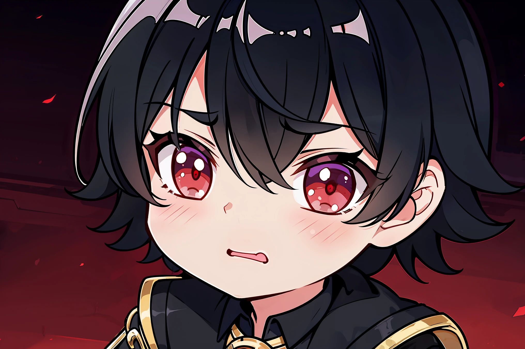 young ???, boy, 8 years old, chibi, short black spiky hair. red eyes. black dancer clothes. (inside fantasy tavern), up close, Very good figure, extremely detailed, cinematic lighting, volume lighting, masterpiece, best quality