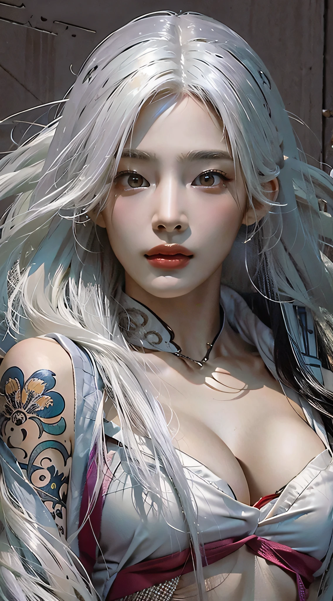 photorealistic, high resolution, 1women, solo, hips up, look at viewer, (detailed face), white hair, long hair, medium breasts, tattoo, taoist, black hair color, super long hair, small breast, beauty, face detailed