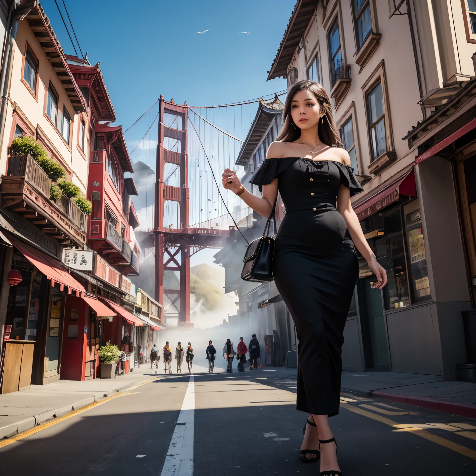 Image Prompt: Lose yourself in the fog-kissed enchantment of San Francisco's Chinatown, where bustling markets, colorful lanterns, and traditional architecture transport you to another world. Show a mix of Victorian houses, modern tech offices, and cable cars climbing steep hills. Include the Golden Gate Bridge peeking through the fog in the background.AI-generated Female Model: She's a vision of sophistication, with flowing brunette locks cascading down her shoulders. Her slender figure is accentuated by a chic yet understated ensemble, reflecting San Francisco's blend of classic charm and modern flair.