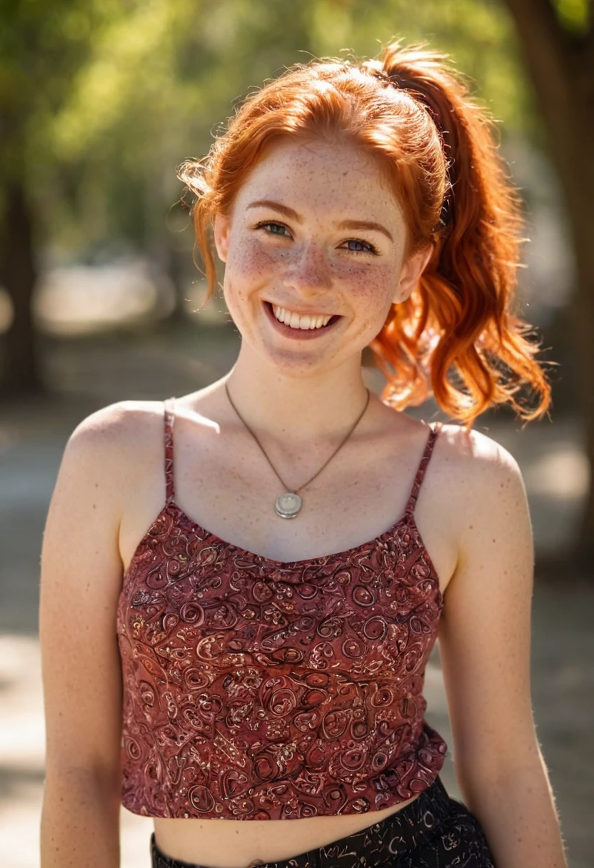 (masterpiece, best quality), 1girl, collarbone, wavy hair, looking at viewer, blurry foreground, upper body, necklace, contemporary, plain pants, ((intricate, print, pattern)), ponytail, freckles, red hair, dappled sunlight, smile, happy,