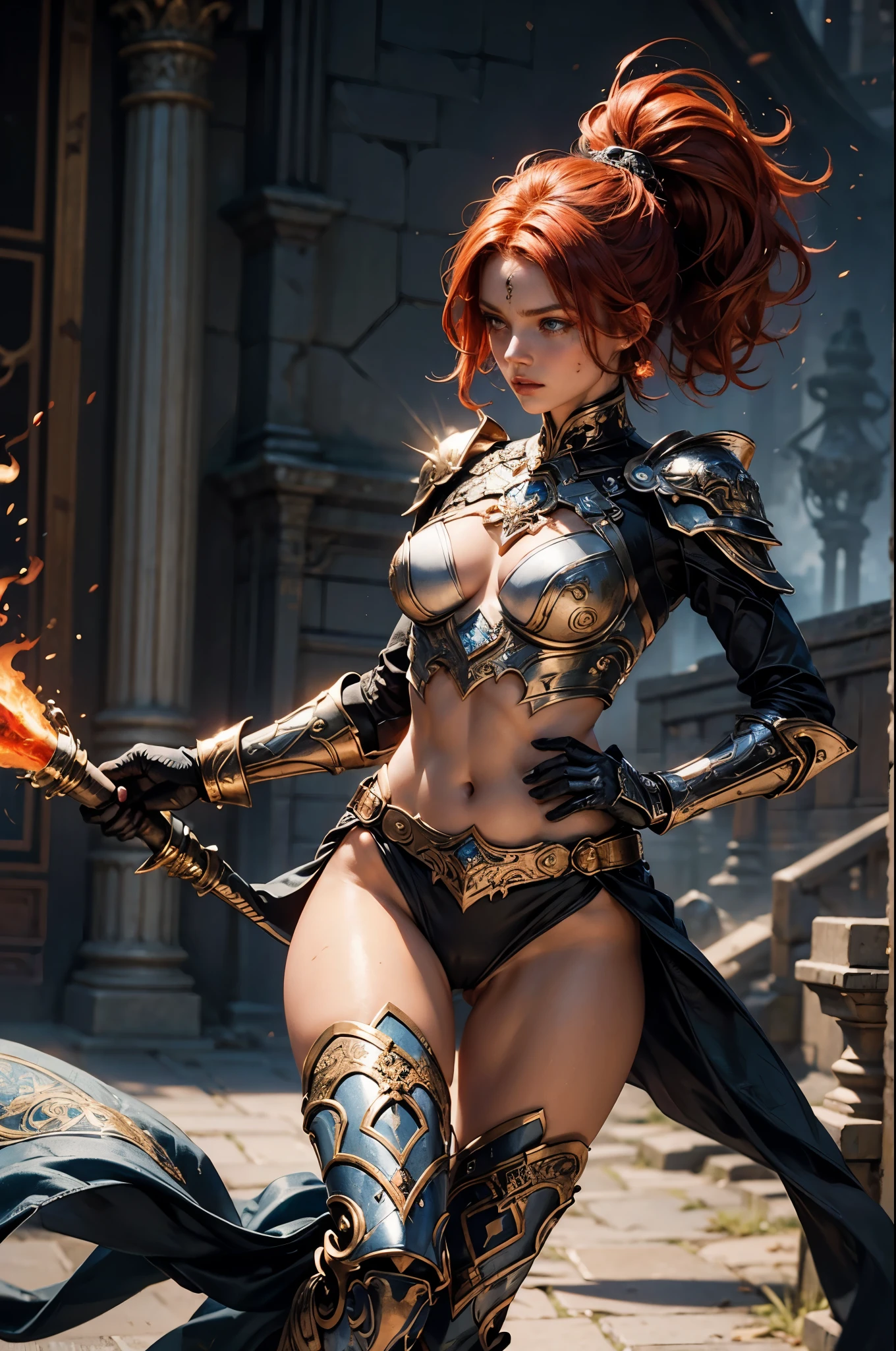 Create an image of a tall, muscular woman wearing gleaming plate armor. Her skin is fair and unblemished, except for a few small scars. She has fiery red hair, cropped short in a practical style, and piercing blue eyes filled with wisdom and determination. The armor covers every inch of her body, leaving only her hands and face exposed, and is adorned with intricate etchings and filigree. On her chest, the symbol of Torm - a hammer surrounded by a circle - is prominently displayed. She moves with surprising agility and precision, radiating strength and grace.