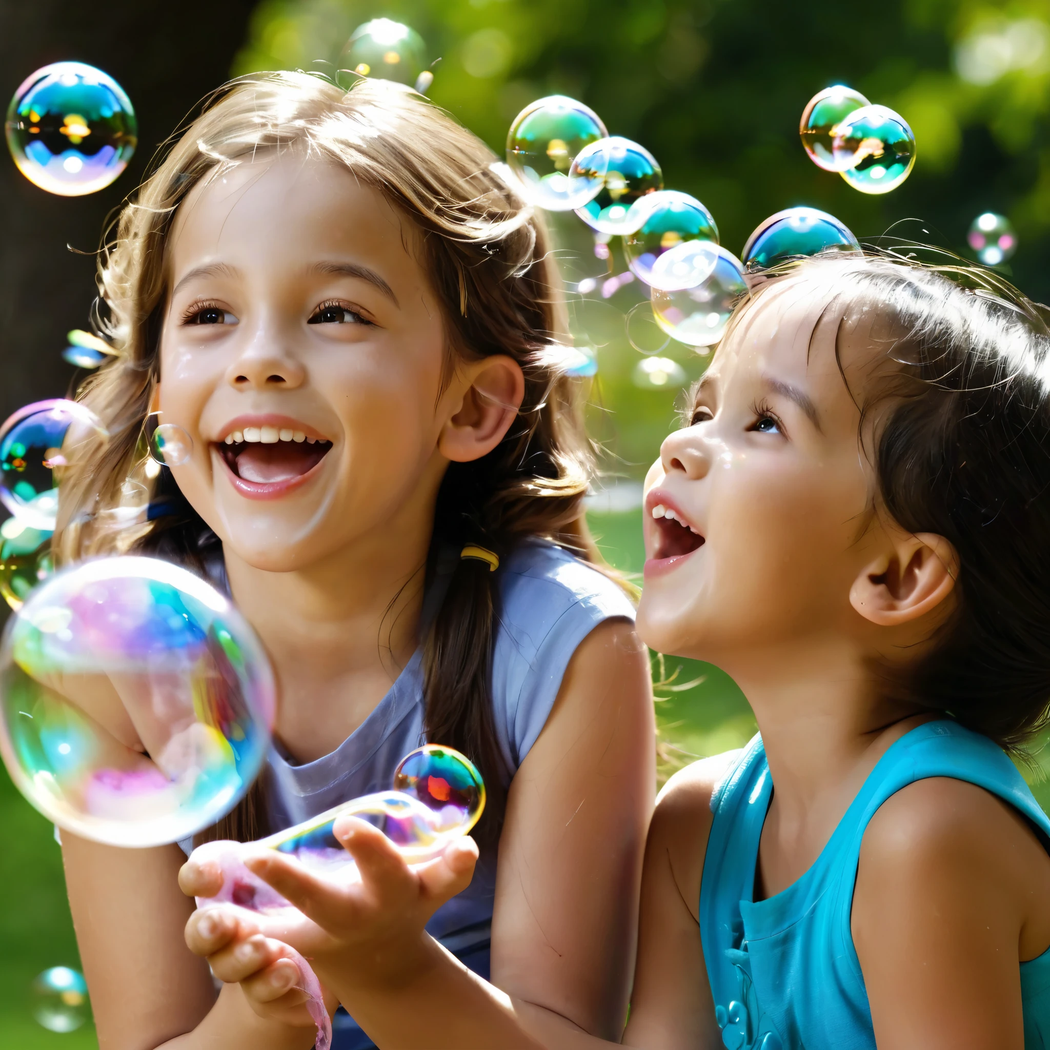 soap bubble play, children, laugh, Beautiful park, highly detailed faces, Detailed and smooth skin, beautiful face, several soap bubbles, light skin,