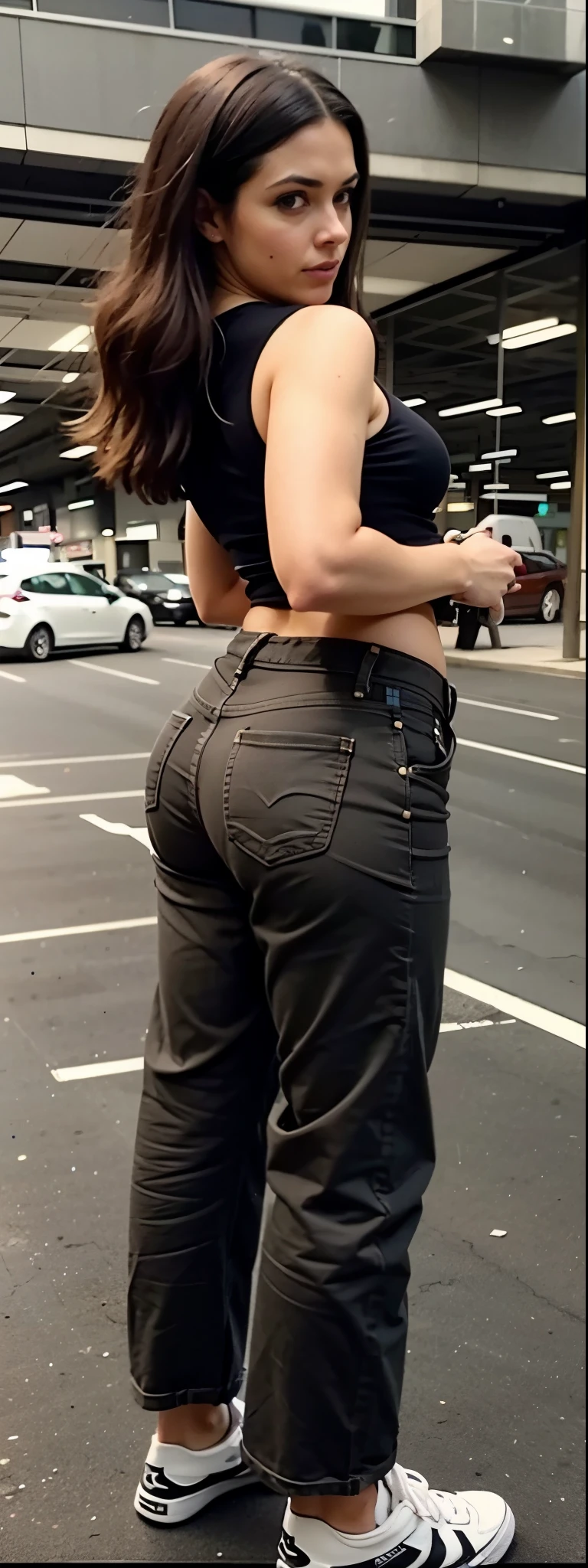 araffe woman in a parking lot with her back to the camera, espesso thigs, jeans preto extremamente apertado, traseiro tonificado, Grosso, espesso, Brown pants, Wearing only pants, Wearing pants, grande saque, perto de um magro, Curvando-se, traseiro bem torneado, Wearing pants and a t-shirt