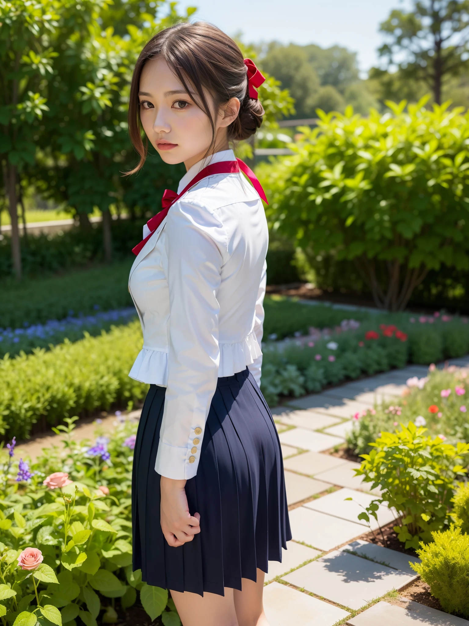((Best of the highest quality, 8k, Masterpiece: 1.3, raw photo)), Sharp focus: 1.2, (1 AESPA girl: 1.1), (Solo: 1.18), (realistic, photo-realistic:1.37), face focus, cute face, finely eyes, (Small breasts, flat chest: 1.3), (wearing blazer school uniform dress:1.32), (multilayer-skirt), ((ribbon, frills):1.38), short messy hair, updo, (standing, from behind, garden: 1.32)