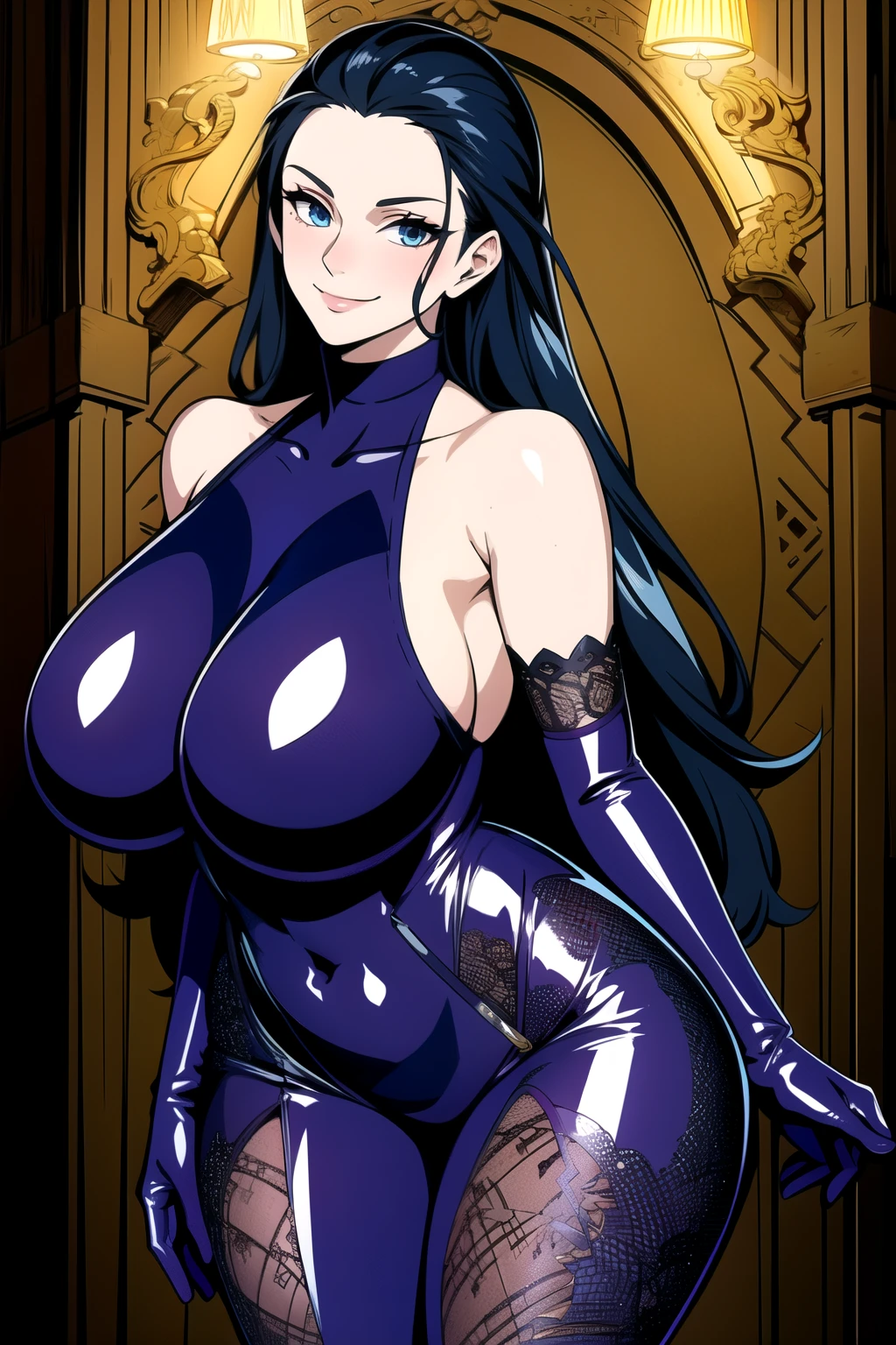 masterpiece, ((ultra detailed background, delicate pattern, intricate detail)), (highly detailed, fine details), best quality, beautiful lighting, (gigantic breasts)), NicoRobinV2, 1girl, black hair, long hair, solo, gigantic breasts, (smile), blue eyes, closed mouth, hair slicked back, jewelry, collarbone, (bare shoulders, elbow gloves, shiny, high heels, bodysuit, covered navel, turtleneck, sheath, fishnets, skin tight, shiny clothes, impossible clothes, ninja, unsheathing, purple bodysuit, covered collarbone, impossible bodysuit), (complex detailed background, inside, luxury palace), curvy, cowboy shot, curvy ass, bubble butt, from behind, back view