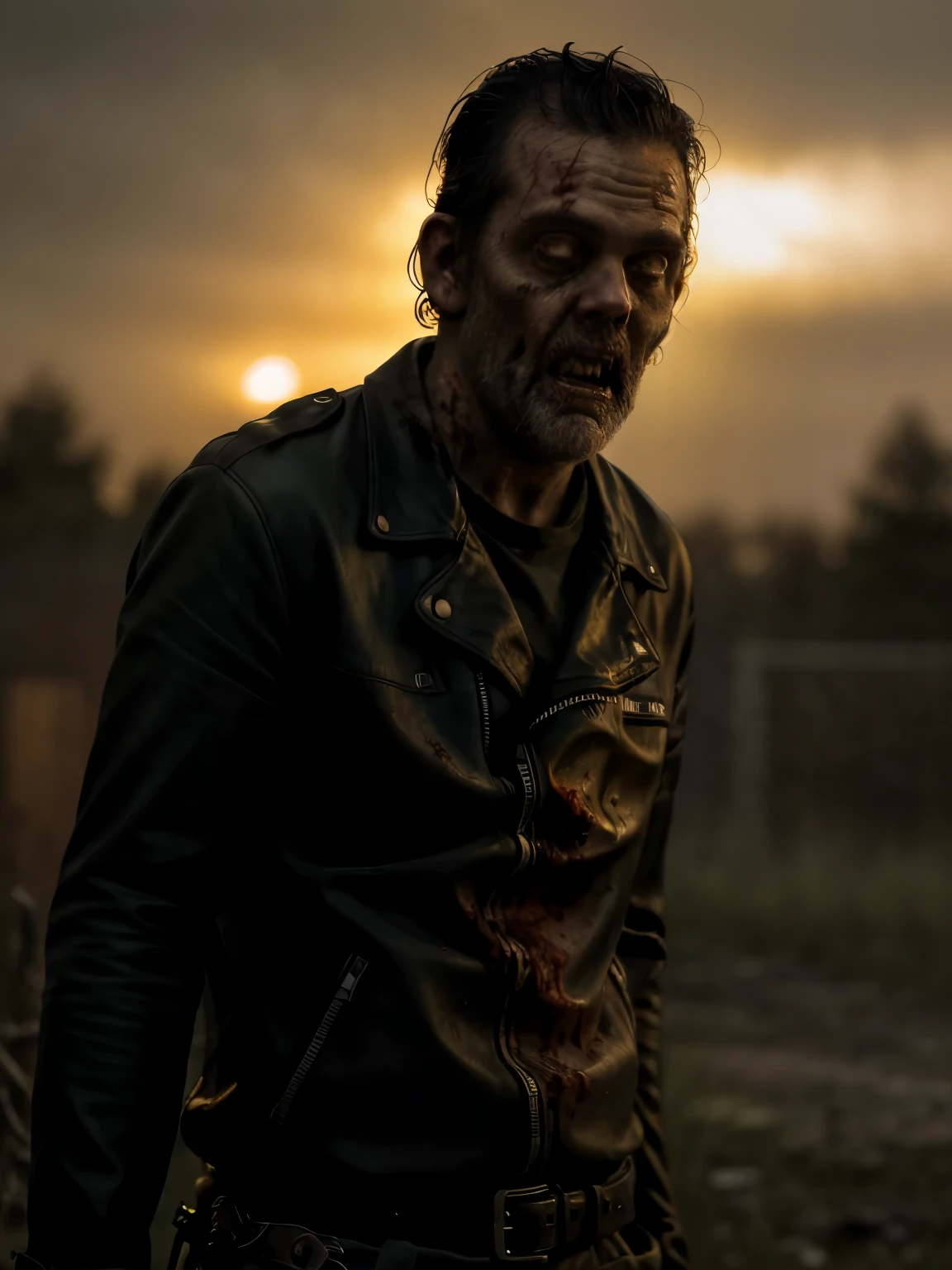 (masterpiece, best quality:1.2), ((RAW photo, Best quality)), (Realistic, photo-realistic:1.2) (((a zombie hotting))) , zombie Negan from the Wa Wrapping with barbed wire lking Dead, black jacket, horror, creepy, night, (((White eyes))), angry. ((Pale or greenish skin)), (((hottinig))) Body, wounds, empty eyes, torn clothes, slow movements, guttural noises, aggressive and cannibalistic behavior. Cinematic lighting.