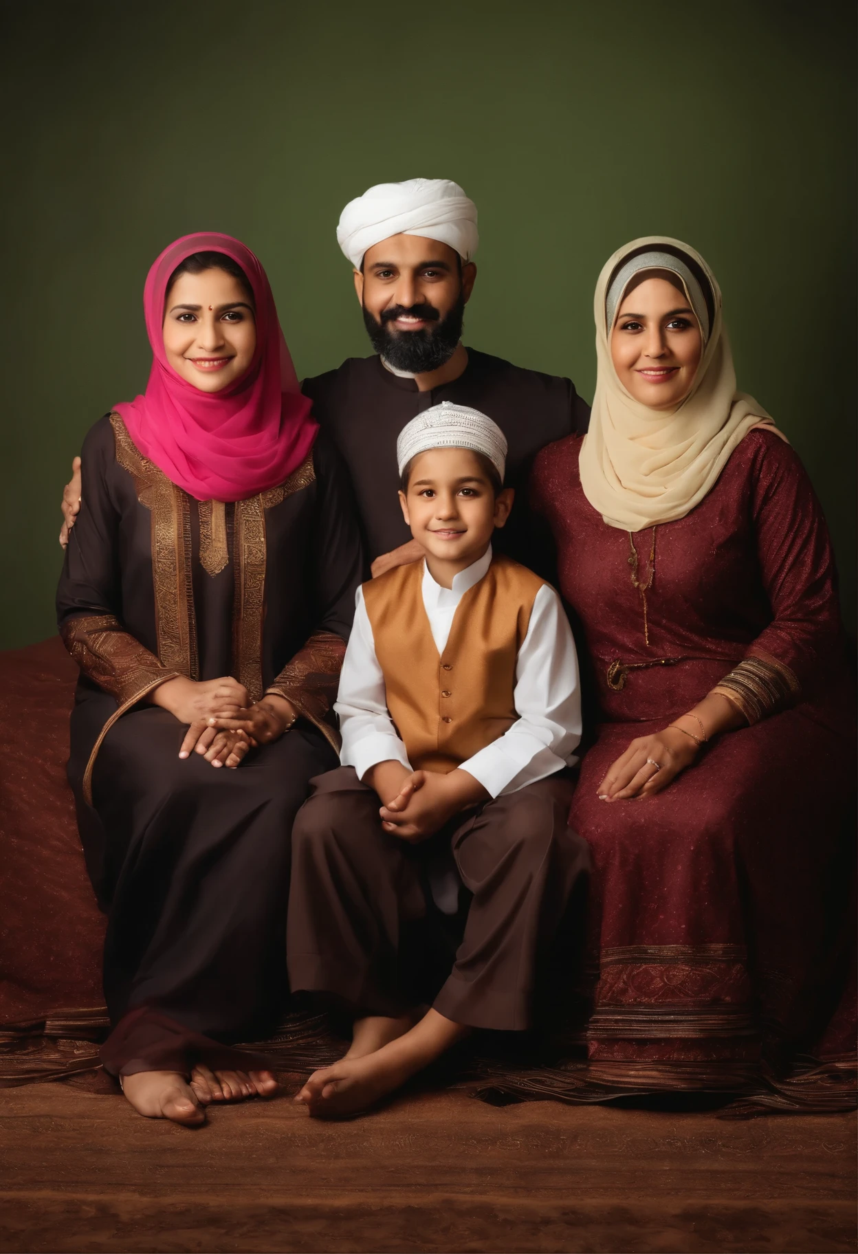Family photo of 3 people, 2 father wearing typical Bangladesh Muslim clothes, 2 mother wearing typical Bangladesh Muslim clothes, 7 months year old girl wearing typical Bangladesh Muslim clothes