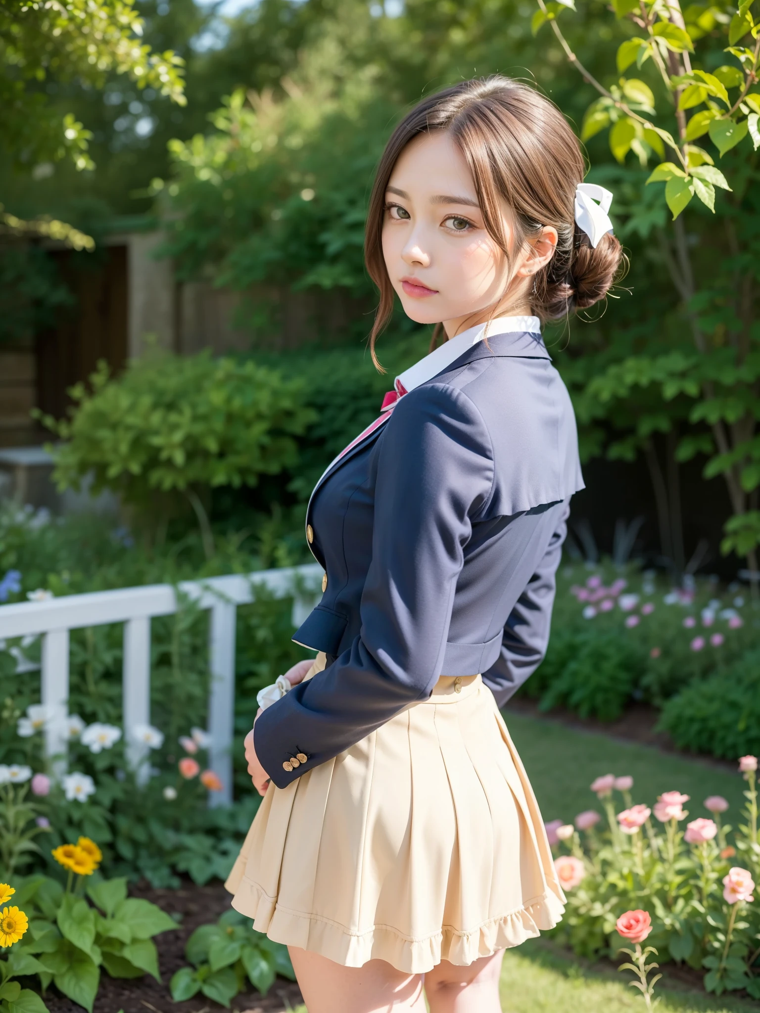 ((Best of the highest quality, 8k, Masterpiece: 1.3, raw photo)), Sharp focus: 1.2, (1 AESPA girl: 1.1), (Solo: 1.18), (realistic, photo-realistic:1.37), face focus, cute face, finely eyes, (Small breasts, flat chest: 1.3), (wearing blazer school uniform dress:1.32), (multilayer-skirt), ((ribbon, frills):1.38), short messy hair, updo, (standing, from behind, garden: 1.32)