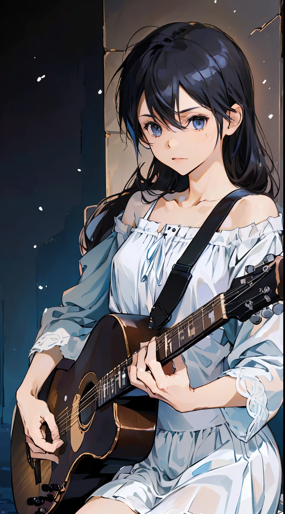 28 years old、black hair messy hair、precision 6 string acoustic guitar:1.2、Anatomically correct fingers、acoustic guitar、Only 1 guitar、Please look straight ahead and sing、(Turn your face forward:1.2)、Christmas、Holy Cloth、mini skirt，Female Kirito，long hair，white silk
